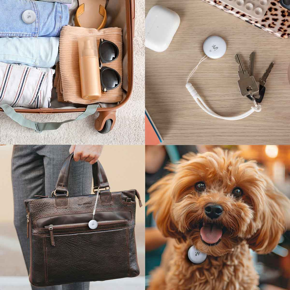 A suitcase packed with clothes, sunglasses, and a spray bottle. A white tracker is attached to the suitcase.