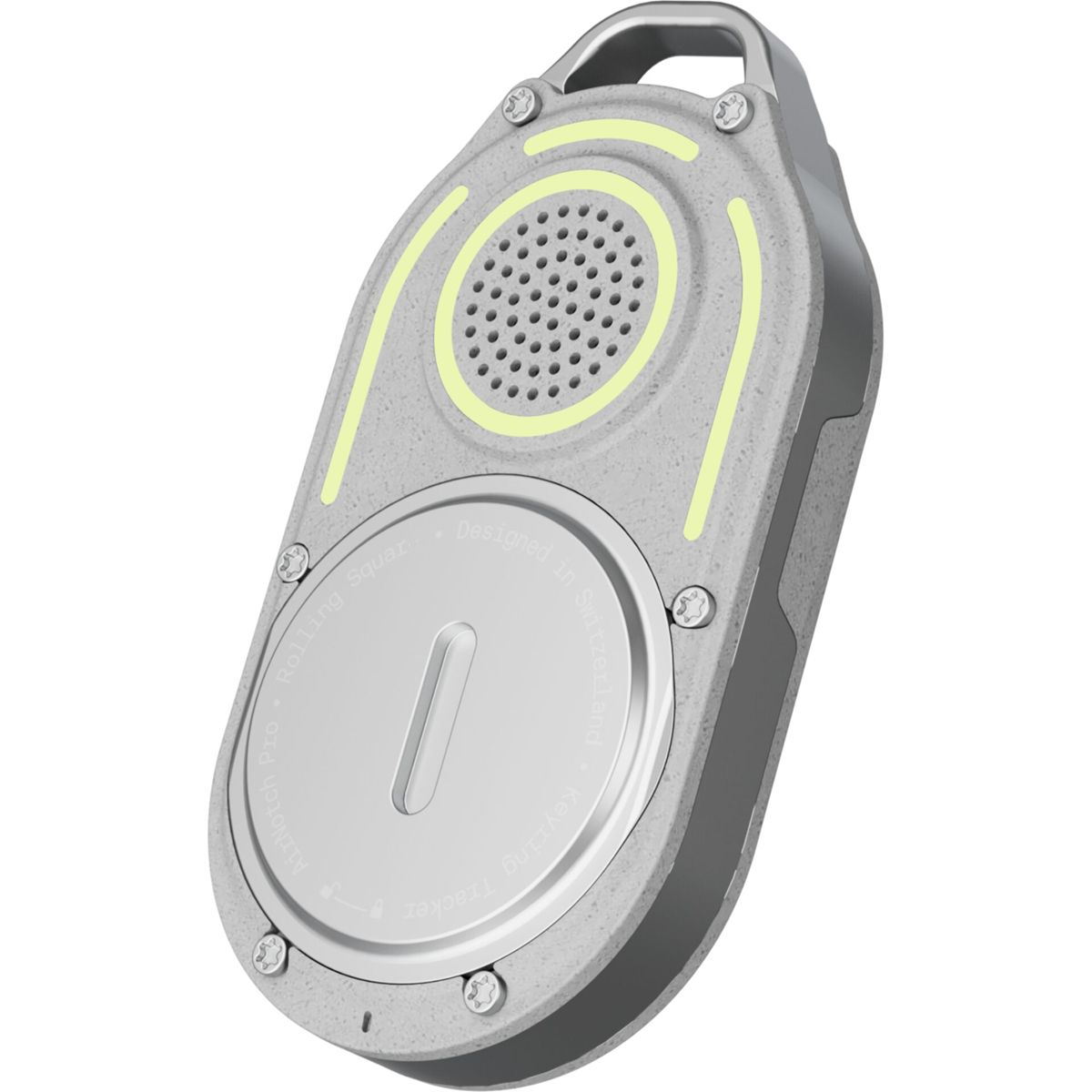 Een grijze en zilveren sleutelhanger-tracker met een luidspreker en een knop. Het heeft een neongele lichtstrip en de tekst 'Designed in Switzerland'.