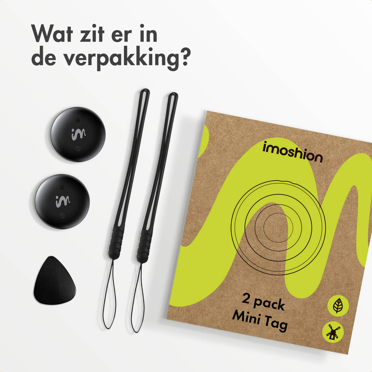 Image shows two black mini tags, two black straps, and a brown cardboard box with the logo imoshion and the text '2 pack Mini Tag'.