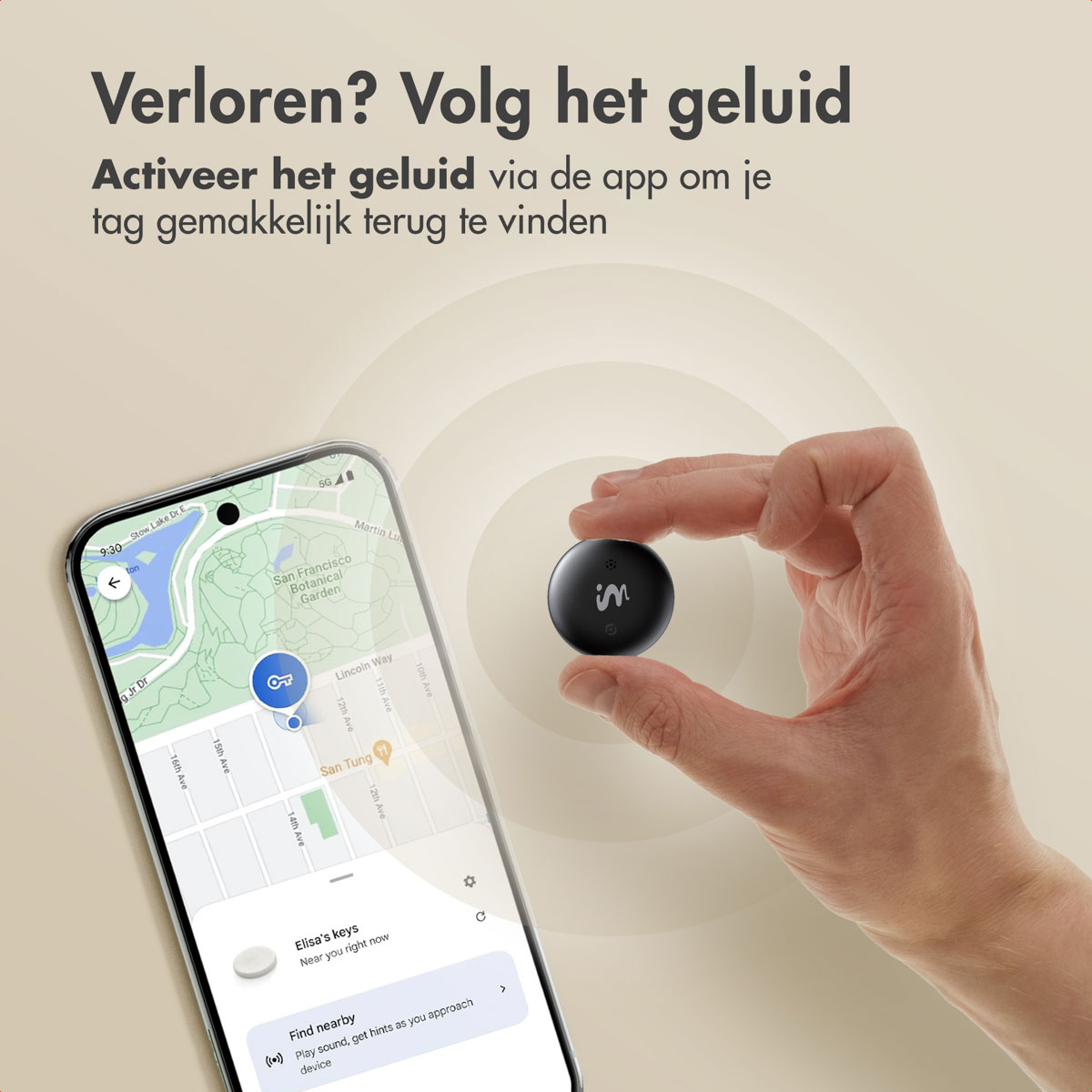A hand holds a black tracking device. A phone displays a map with a key icon. Text reads: Find your tag easily.