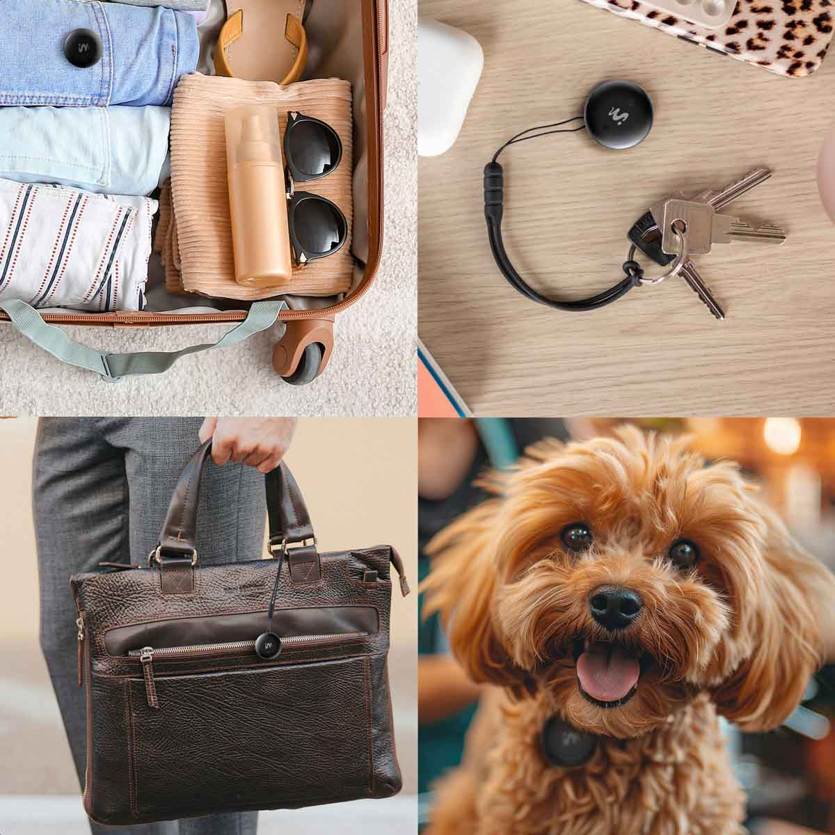 Collage: suitcase with clothes, keys, brown bag, and a dog wearing a tracking device on its collar.