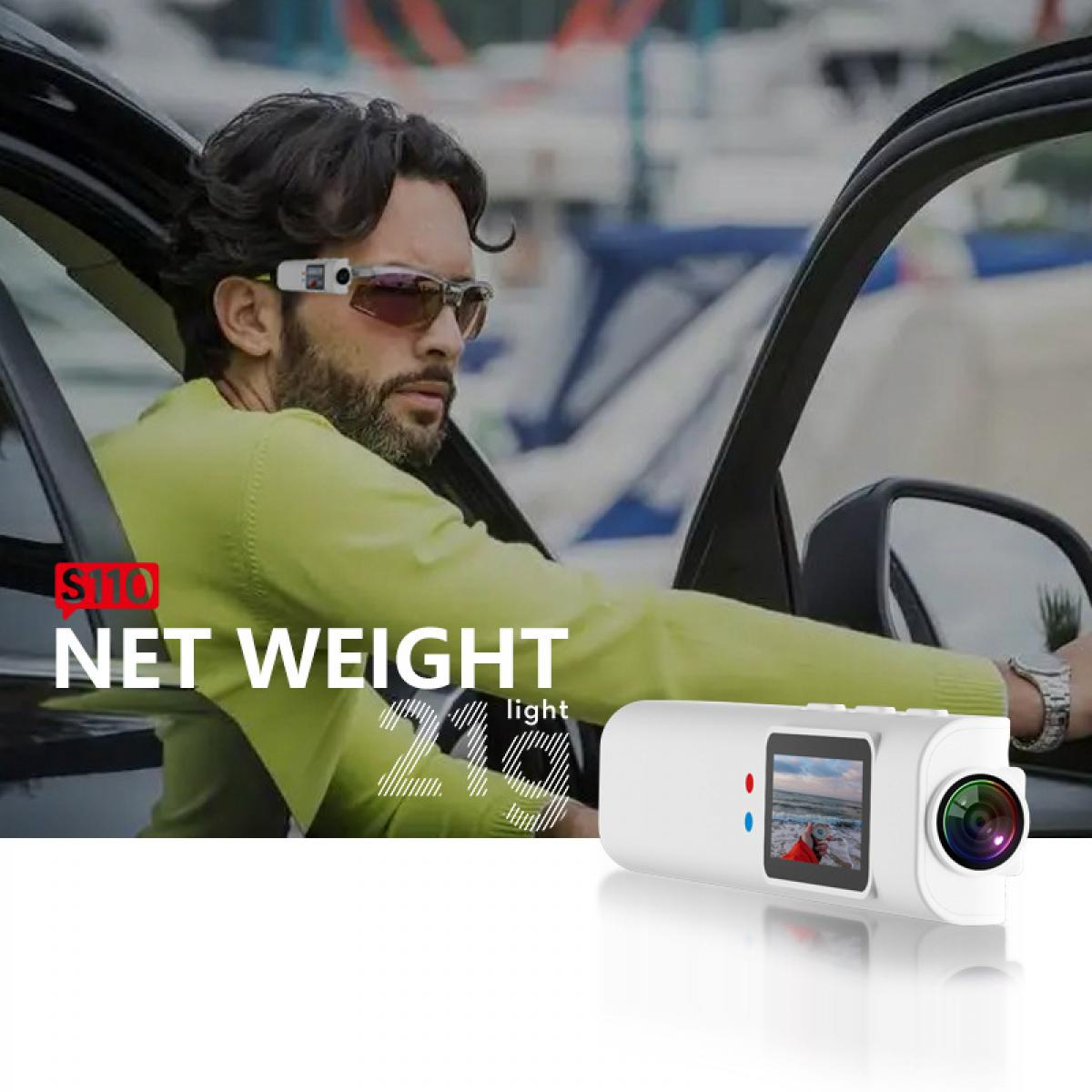 Mann mit Smartglasses im Auto, am Lenkrad. Eine weiße Action-Kamera im Vordergrund. Text "NET WEIGHT 29 light" sichtbar.