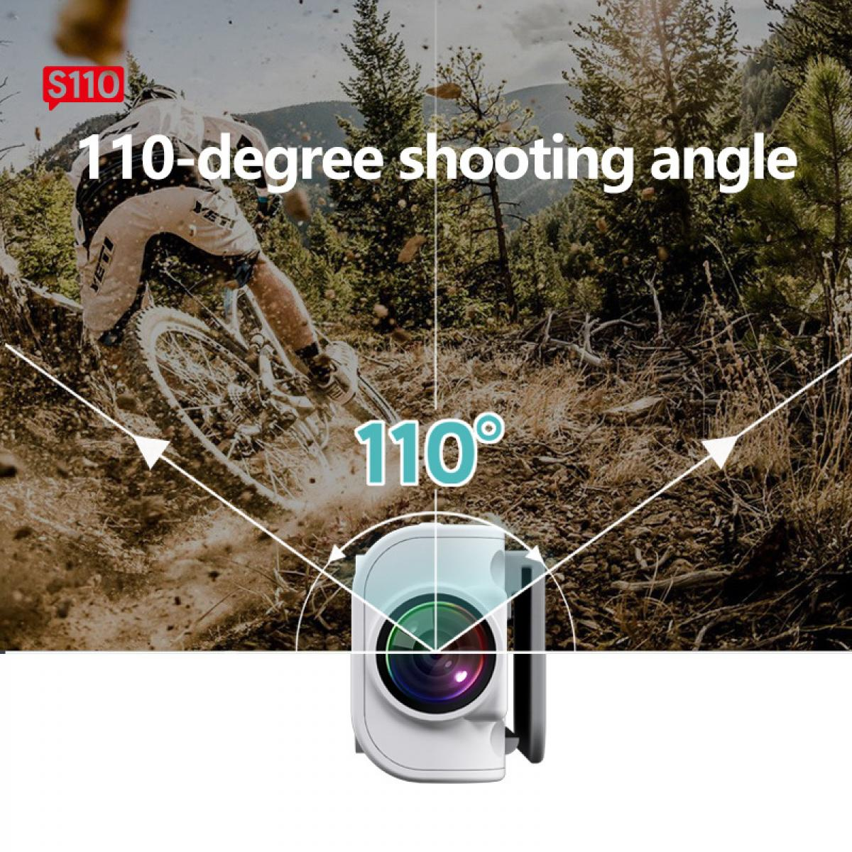Ein Mountainbiker auf einem Trail, eine Kamera, die einen 110-Grad-Aufnahmewinkel zeigt. Bäume im Hintergrund, mit Text: S110, 110-Grad-Aufnahmewinkel.