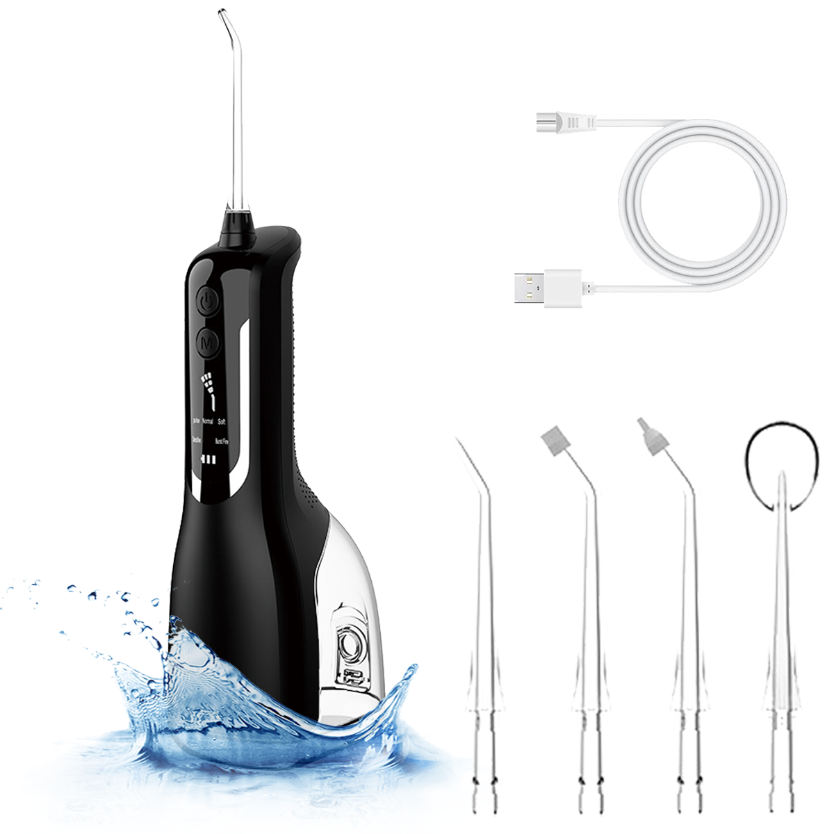 Ein schwarzer und klarer Wasserflosser mit Wasserspritzern, USB-Kabel und vier verschiedenen Flosserspitzen vor weißem Hintergrund.