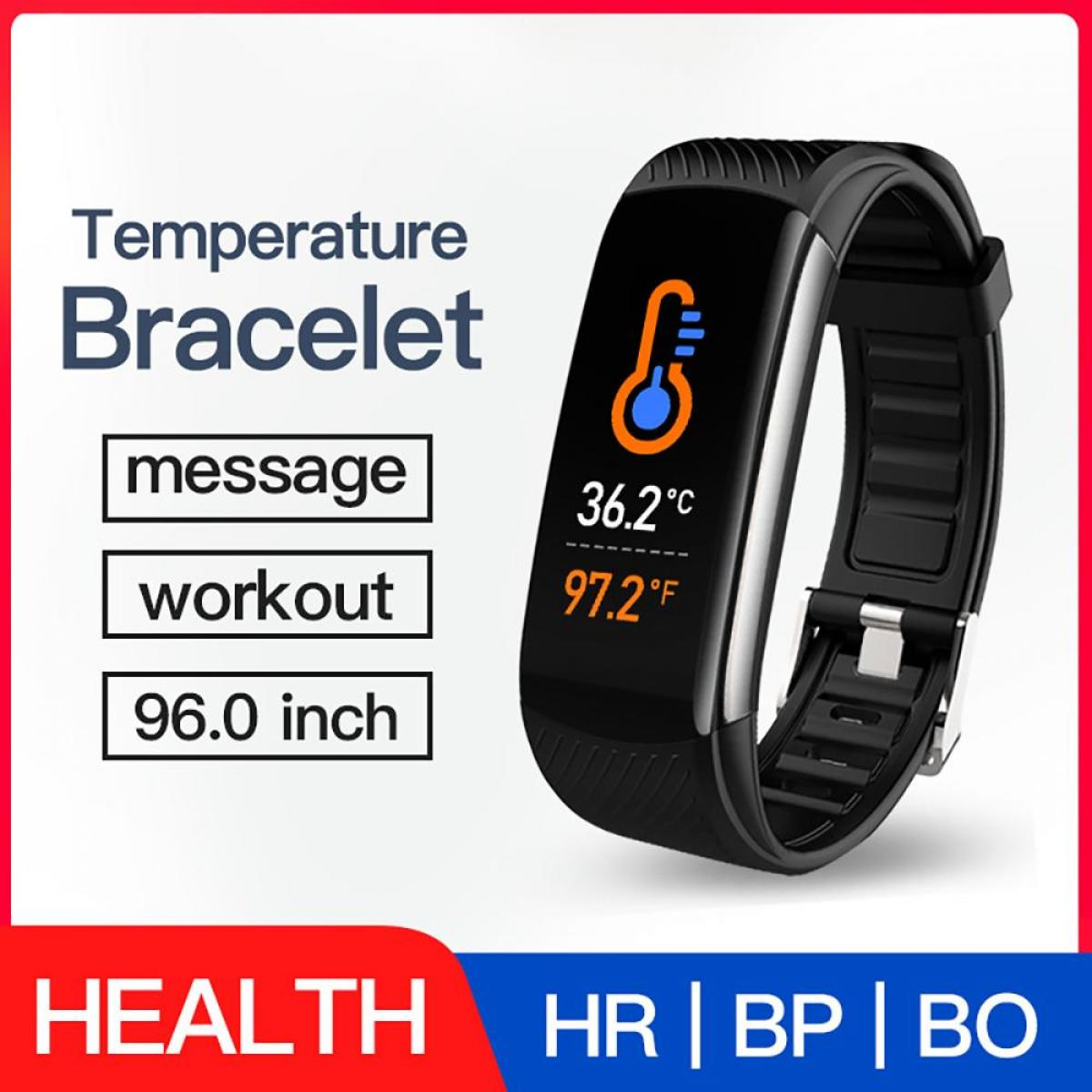 Ein schwarzes Armband zeigt Temperaturmesswerte an. Text lautet 'Temperature Bracelet', mit Optionen für 'message', 'workout' und '96.0 inch'.