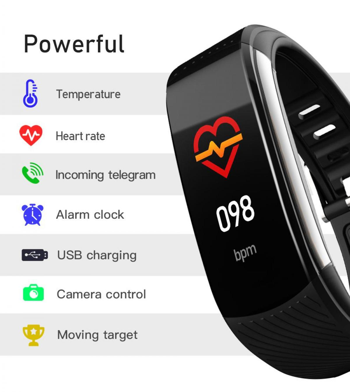 Schwarze Smartwatch zeigt Herzfrequenz als 098 bpm an. Funktionen umfassen Temperatur, Herzfrequenz, Telegramm, Alarm, USB, Kamera und Ziel.