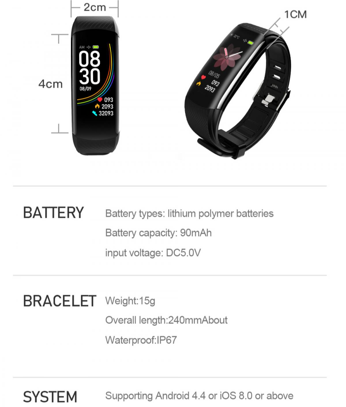 Schwarzer Fitness-Tracker mit Zeitanzeige, Messungen und Spezifikationen. Zeigt Abmessungen und Daten wie Batterie- und Systeminfo.