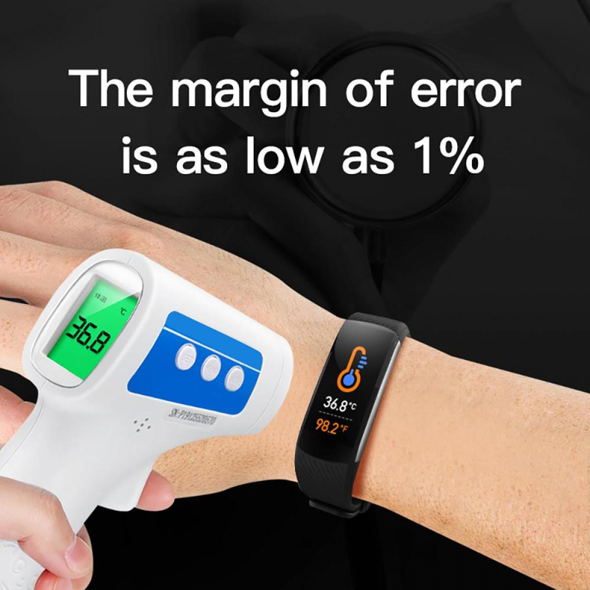 Ein Arm zeigt ein Thermometer und ein Armband, das die Temperatur misst. Das Thermometer zeigt 36,8°C an. Das Armband zeigt 36,8°C und 98,2°F an.