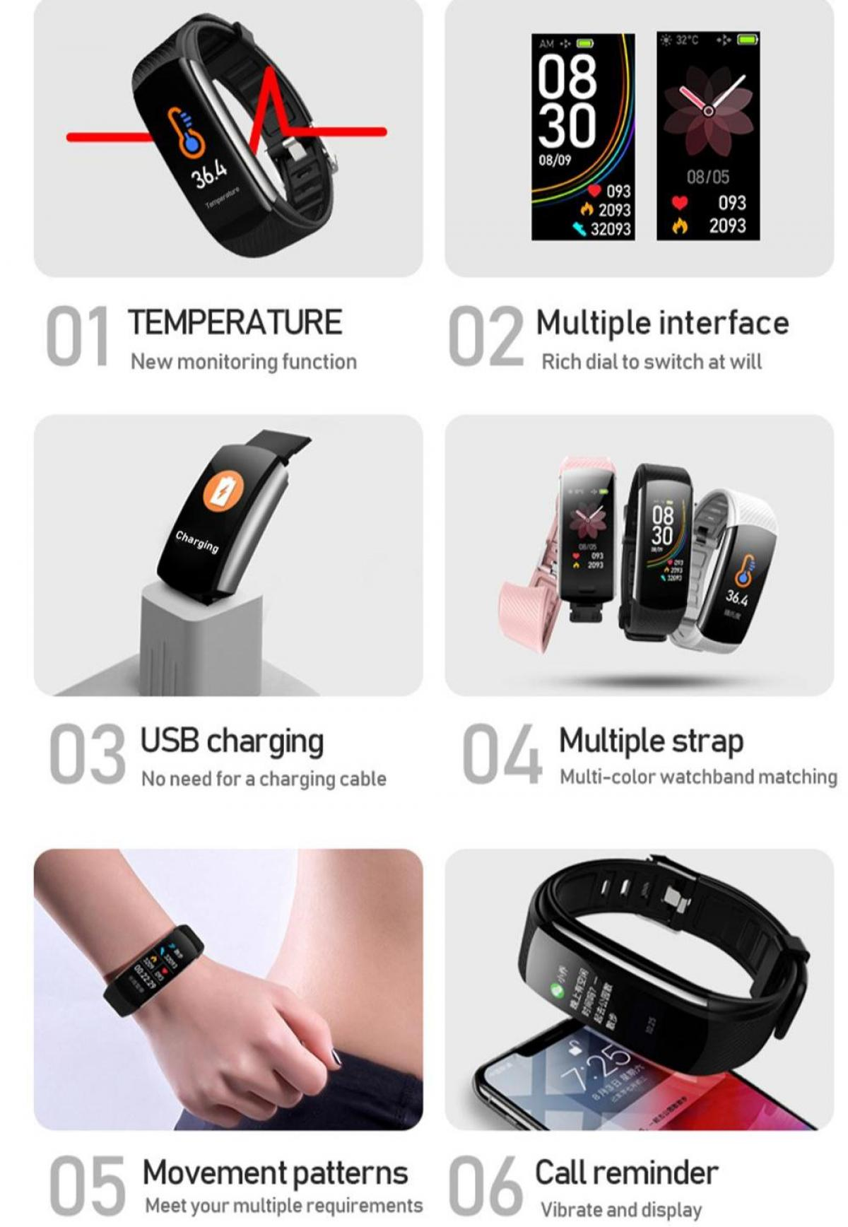 Eine Smartwatch zeigt Temperatur, Zeit und andere Daten an. Zu den Funktionen gehören USB-Aufladung, mehrere Schnittstellen und Anruferinnerungen.