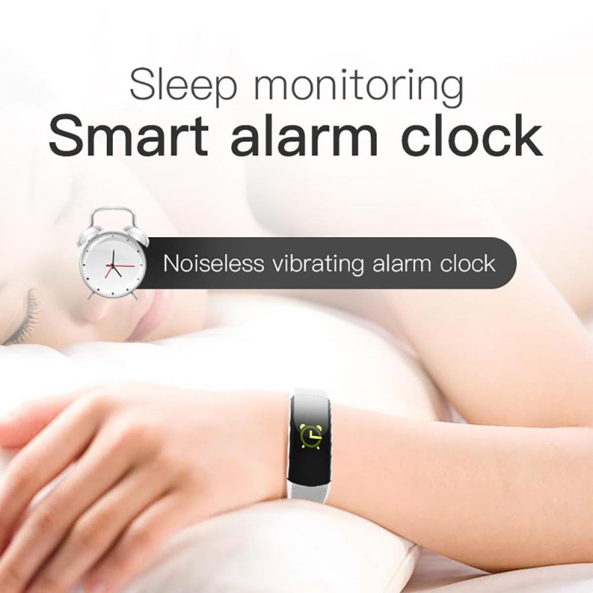 Das Bild zeigt einen intelligenten Wecker. Eine Person im Bett trägt ein Smartband. Der Text lautet: Schlafüberwachung Smart Wecker.