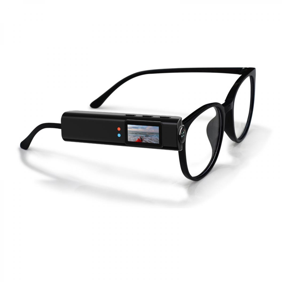 Schwarze intelligente Brille mit eingebauter Kamera. Die Brille zeigt einen kleinen Bildschirm mit einer Strandszene. Der Rahmen ist schwarz.