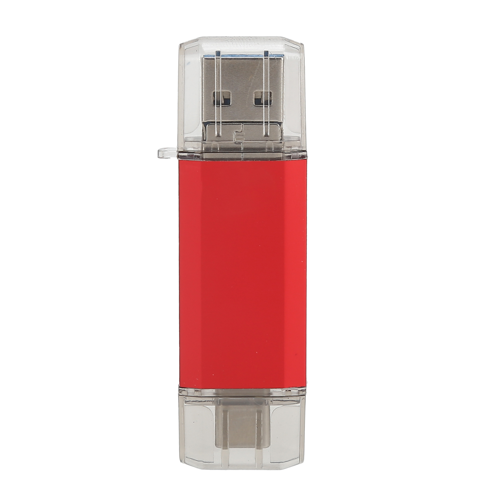 Ein roter und durchsichtiger USB-Stick. Die Oberseite ist aus klarem Kunststoff mit einem USB-Anschluss. Die Mitte ist rot.