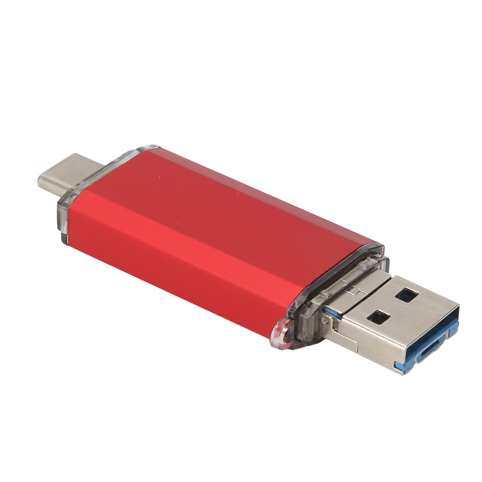 Ein roter USB-Stick mit einem USB-C- und einem USB-A-Anschluss. Der Stick ist rot mit einem durchsichtigen Kunststoffgehäuse.