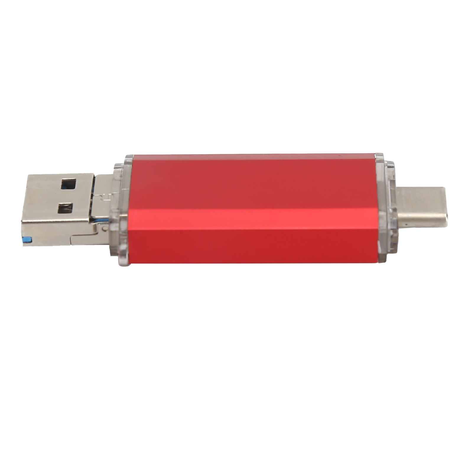 Ein roter USB-Stick mit USB-A- und USB-C-Anschlüssen. Der Hintergrund ist weiß.