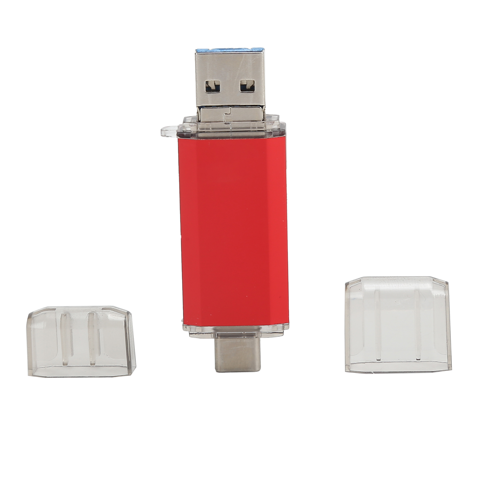 Ein roter USB-Stick mit silbernem Stecker. Zwei transparente Kappen befinden sich auf beiden Seiten. Weißer Hintergrund.