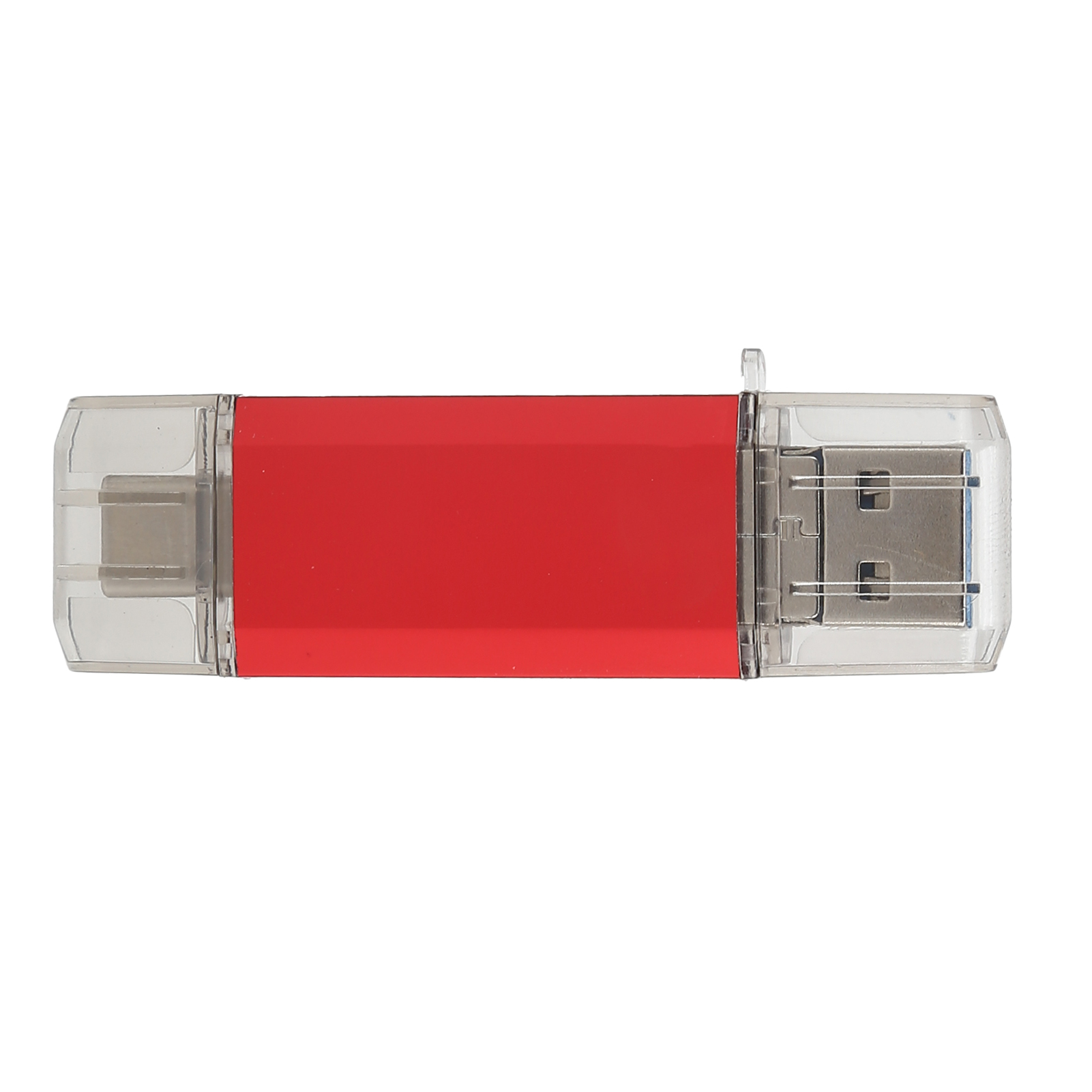 Ein roter und klarer USB-Stick ist auf weißem Hintergrund zentriert. Der Stick hat zwei verschiedene Enden.