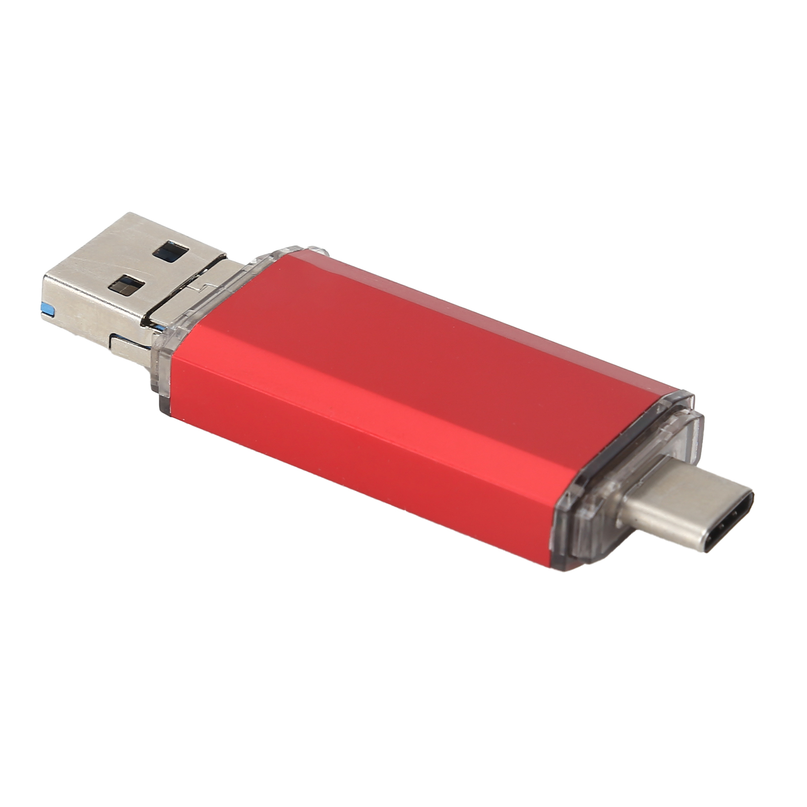 Ein roter USB-Flash-Laufwerk mit einem silbernen USB-A- und USB-C-Anschluss auf weißem Hintergrund.
