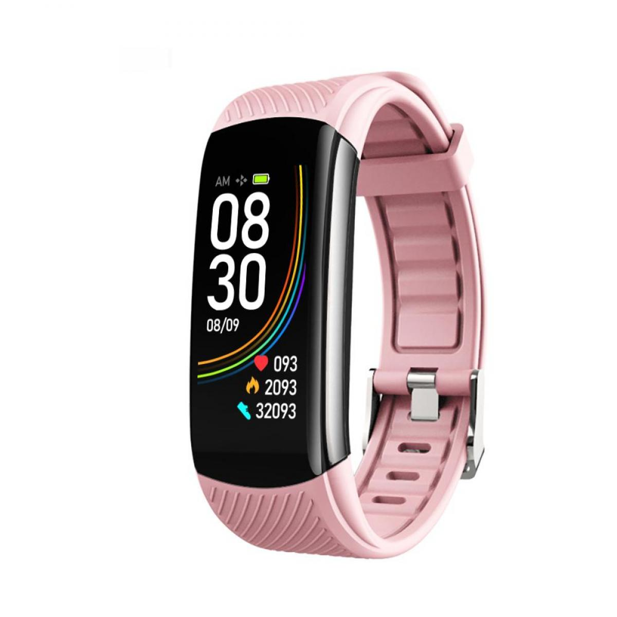 Ein rosa Fitness-Tracker mit schwarzem Bildschirm, der Zeit, Datum und Aktivitätsmetriken anzeigt. Er hat ein rosa Armband und Verschluss.