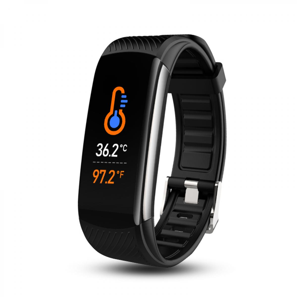 Schwarzer Fitnesstracker mit Digitalanzeige. Zeigt ein Thermometersymbol und die Körpertemperatur: 36,2°C und 97,2°F.