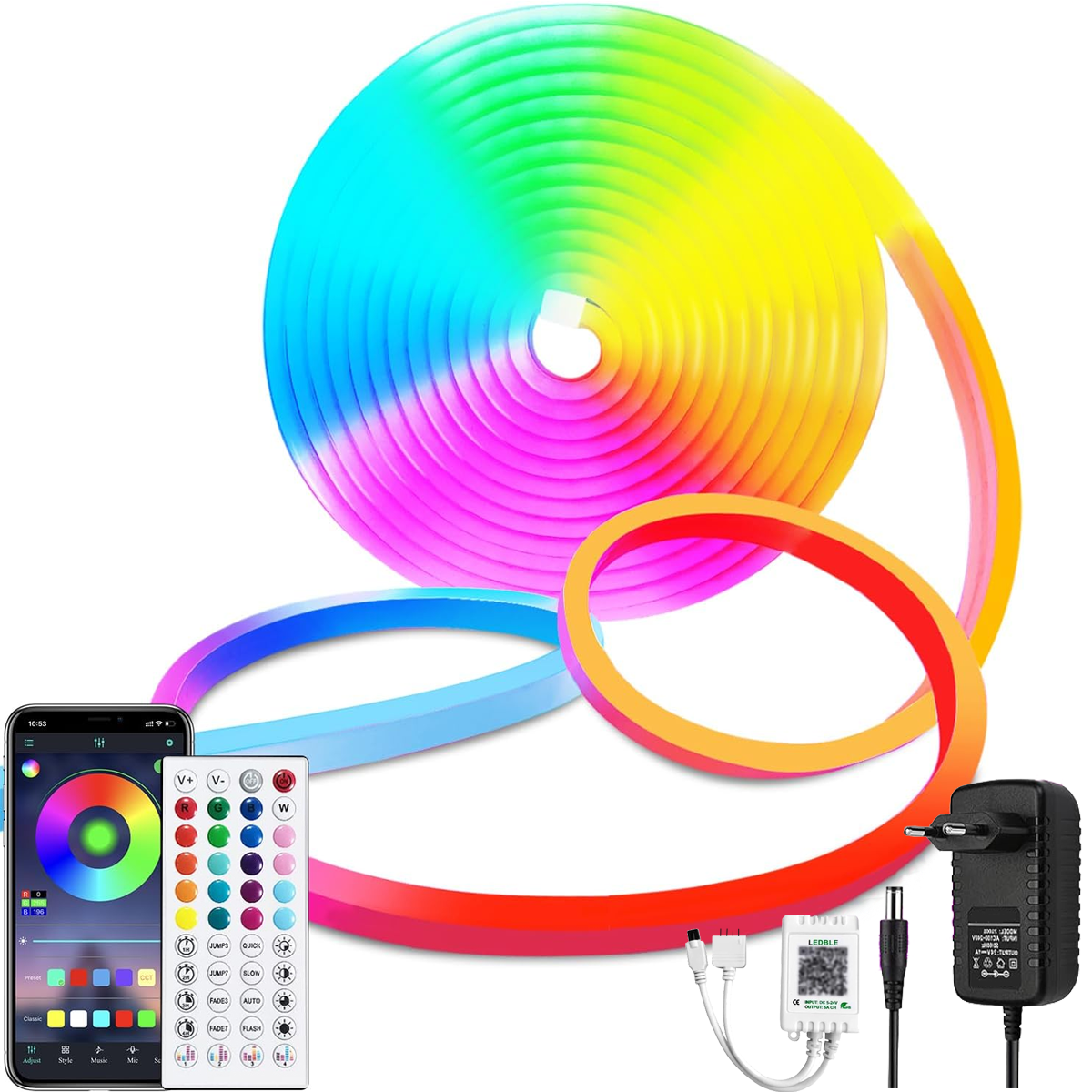Ein farbenfroher LED-Streifen ist aufgerollt. Ein Smartphone, eine Fernbedienung, ein Netzteil und eine Steuerbox sind ebenfalls vorhanden.