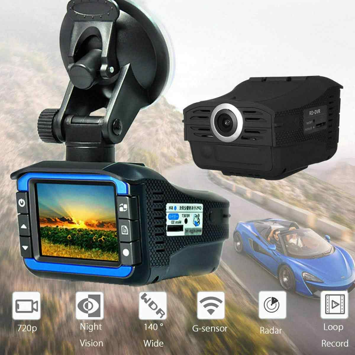Eine Dashcam mit Bildschirm, der ein Sonnenblumenfeld zeigt. Enthält eine separate Kamera, Symbole wie 720p, Nachtsicht und einen blauen Sportwagen.