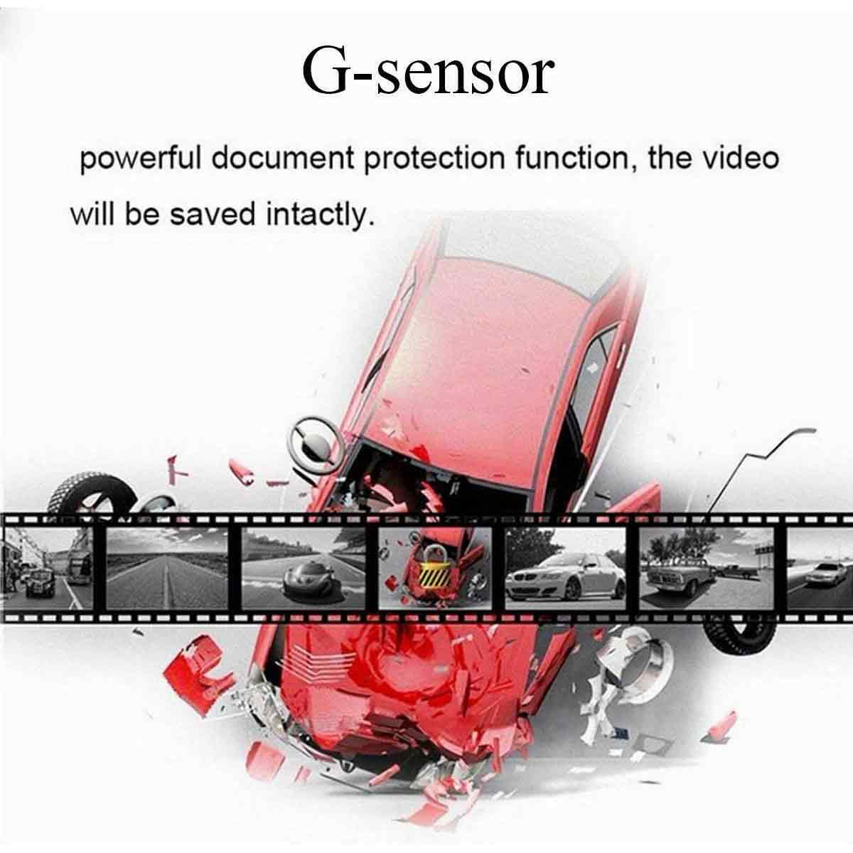 Das Bild zeigt ein Konzept eines Autounfalls mit einem Filmstreifen von Fahrszenen. Text lautet 'G-Sensor' und Dokumentenschutz.