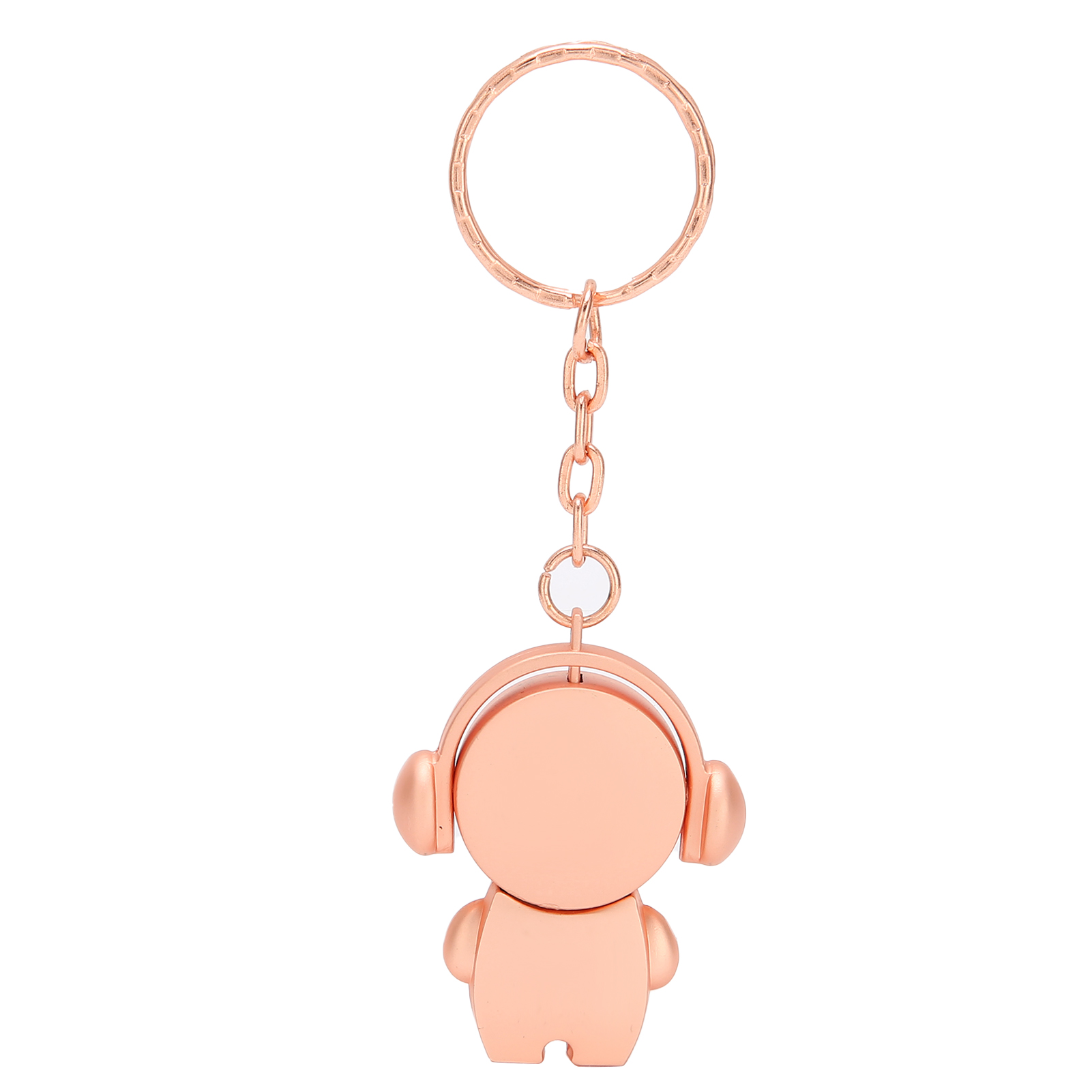 Ein roségoldener Schlüsselanhänger in Form einer Person mit Kopfhörern. Schlüsselanhänger hat einen Ring, eine Kette und eine Figur.