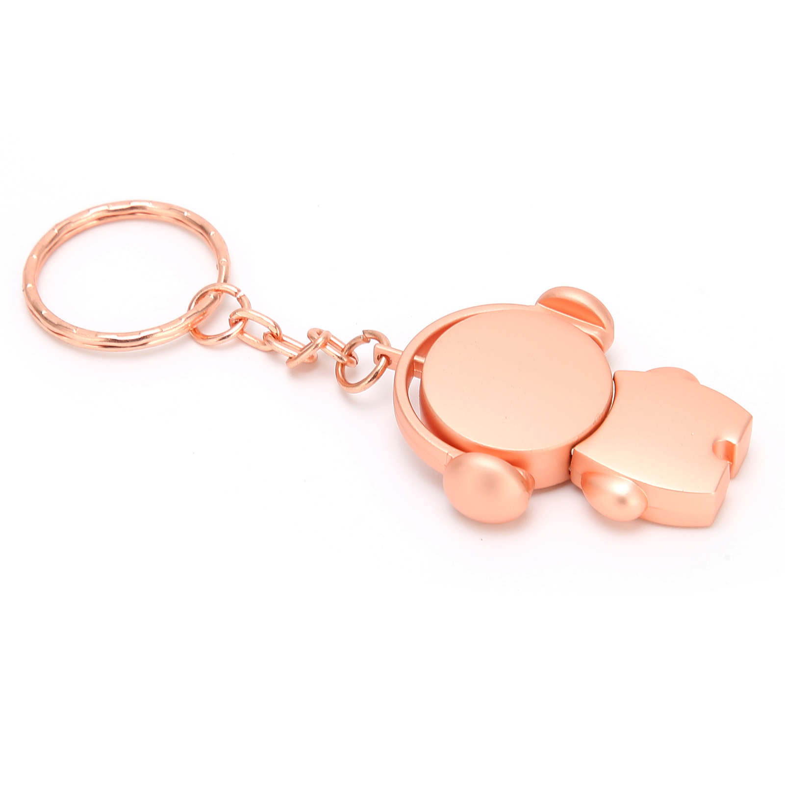 Ein roségoldener Schlüsselanhänger in Form eines Bären, mit rundem Körper und Kopf, auf weißem Hintergrund.