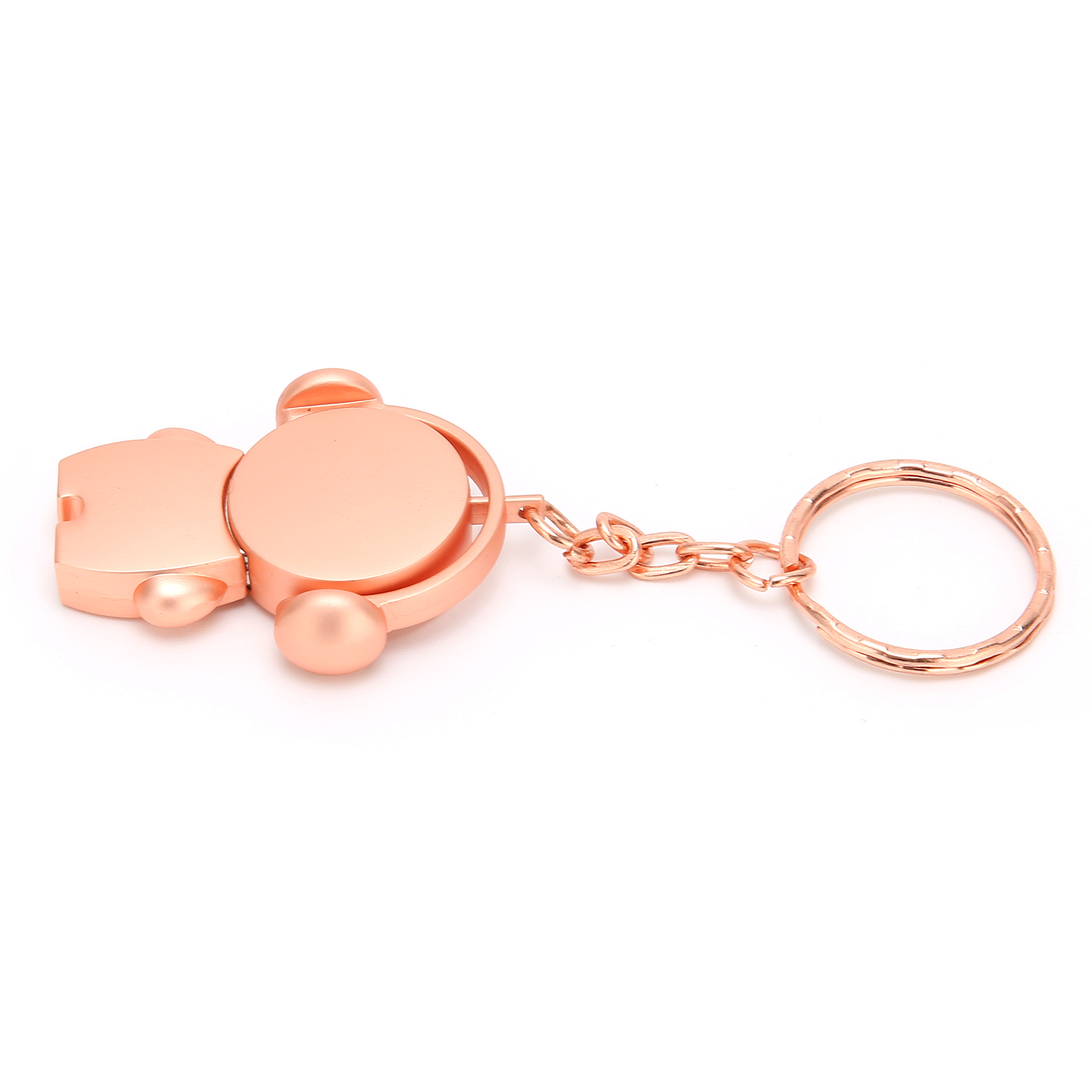Ein roségoldener Schlüsselanhänger in Bärenform mit Kette und Schlüsselring auf weißem Hintergrund.