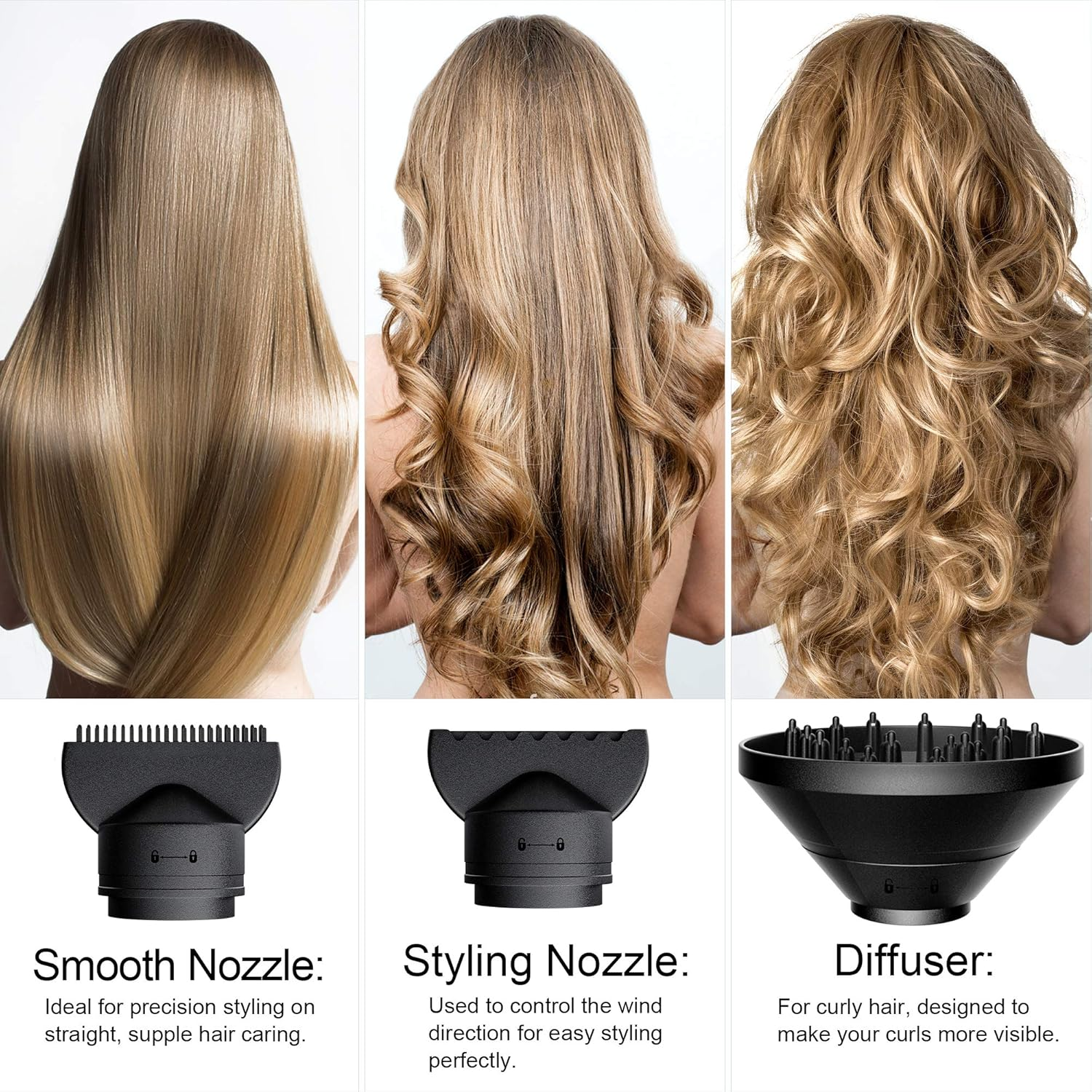 Drei Bilder zeigen verschiedene Frisuren: glatt, wellig und lockig. Darunter schwarze Haartrockneraufsätze: glatt, Styling und Diffusor.