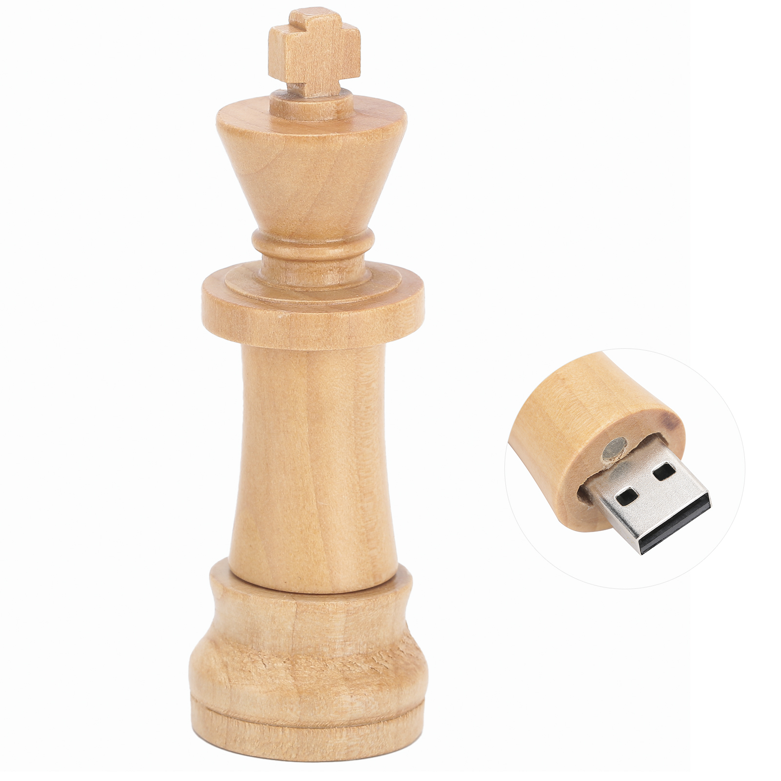 Ein hölzerner Schachkönig und ein USB-Stick. Der König ist hellbraun. Der USB-Stick befindet sich neben dem König.
