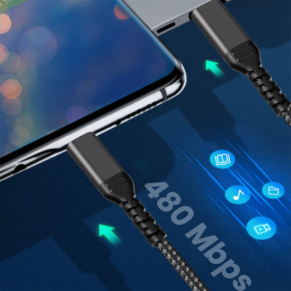Nahaufnahme von schwarzen USB-C-Kabeln, die mit einem Telefon und einem Laptop verbunden sind. Der Hintergrund ist blau mit Symbolen und dem Text '480 Mbps'.