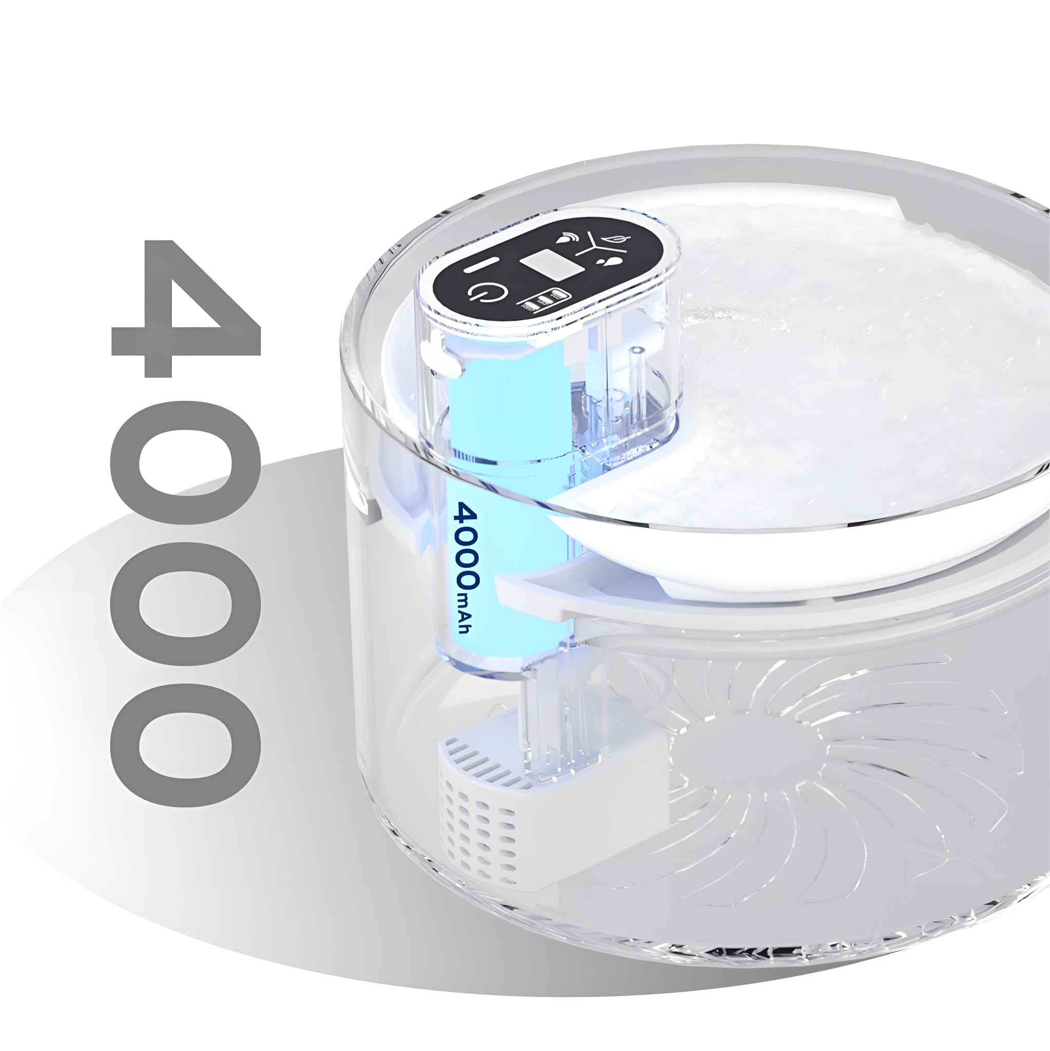 Klarer Haustier-Wasserbrunnen mit Digitalanzeige und hellblauer Batterie. Der Text '4000 mAh' ist sichtbar.