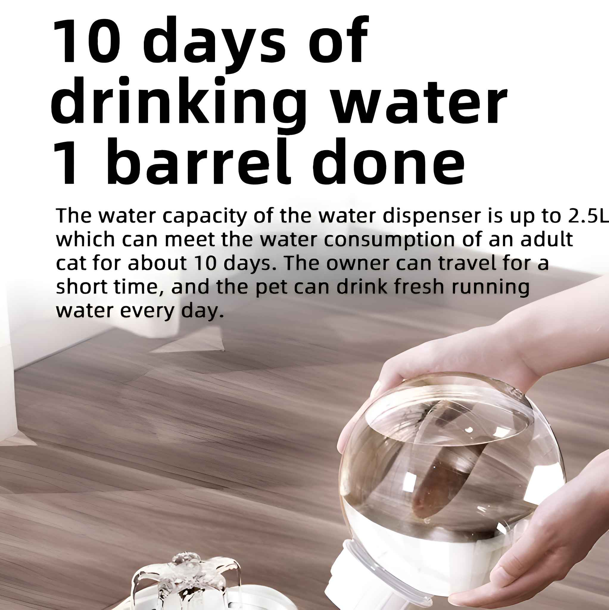 Eine Person hält einen klaren Wasserspender. Der Text lautet: '10 Tage Trinkwasser 1 Fass fertig'.