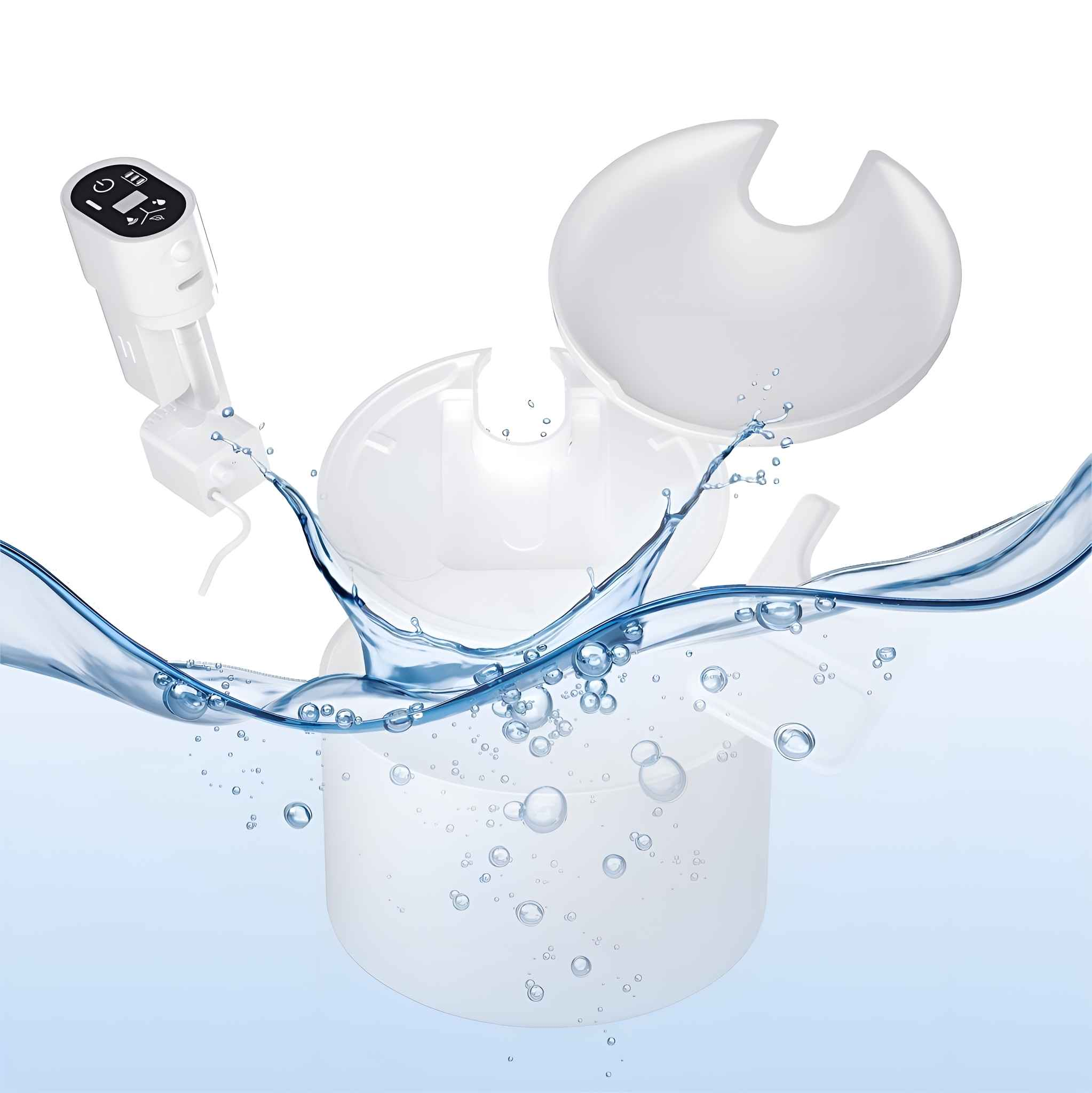 Eine weiße Brustpumpe wird mit Wasserspritzern und Blasen gezeigt. Die Pumpe hat ein Bedienfeld und einen Sammelbehälter.