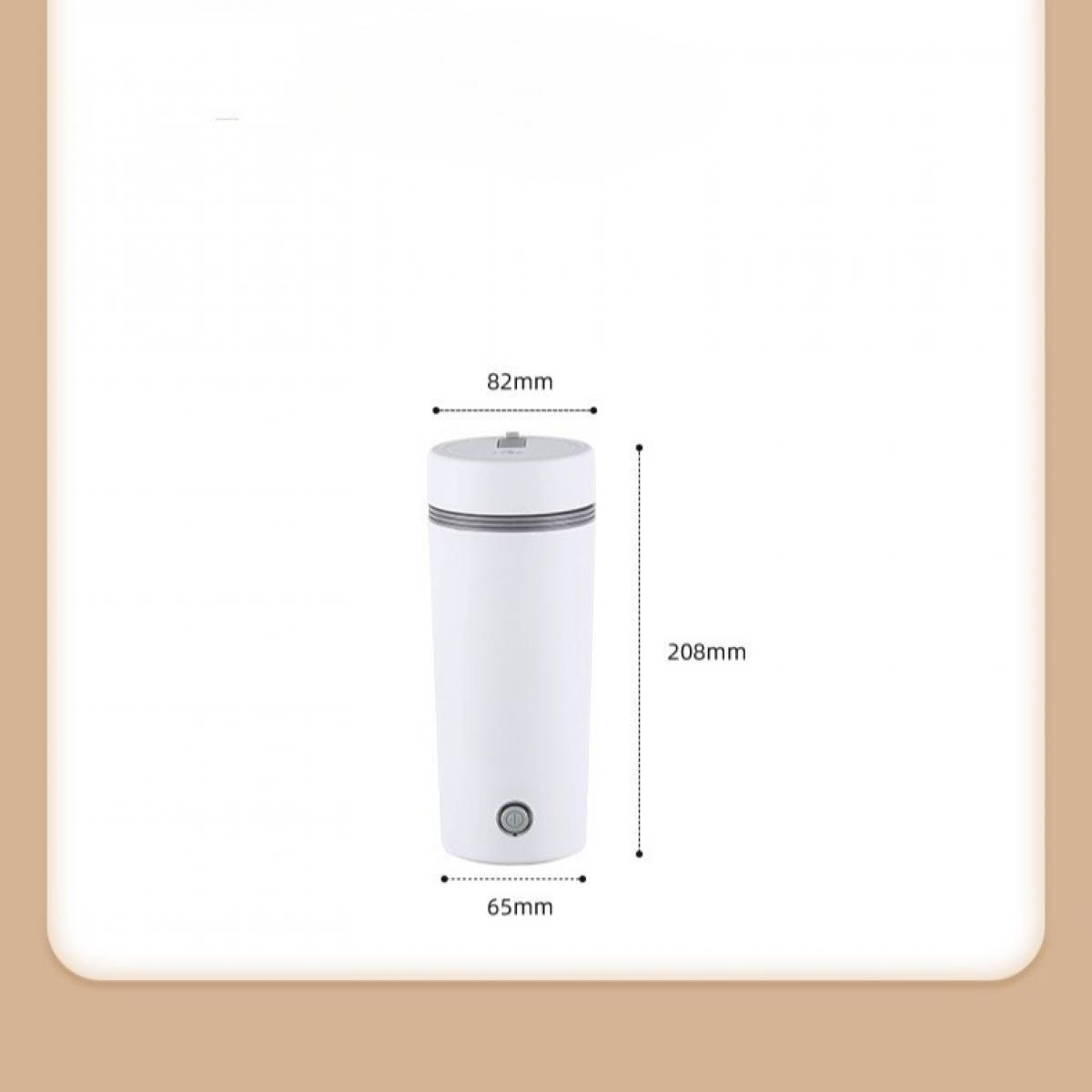 Weißer elektrischer Wasserkocher mit den Maßen: 82 mm (oben), 65 mm (unten) und 208 mm (Höhe). Hat einen Netzschalter und ein Metallband.