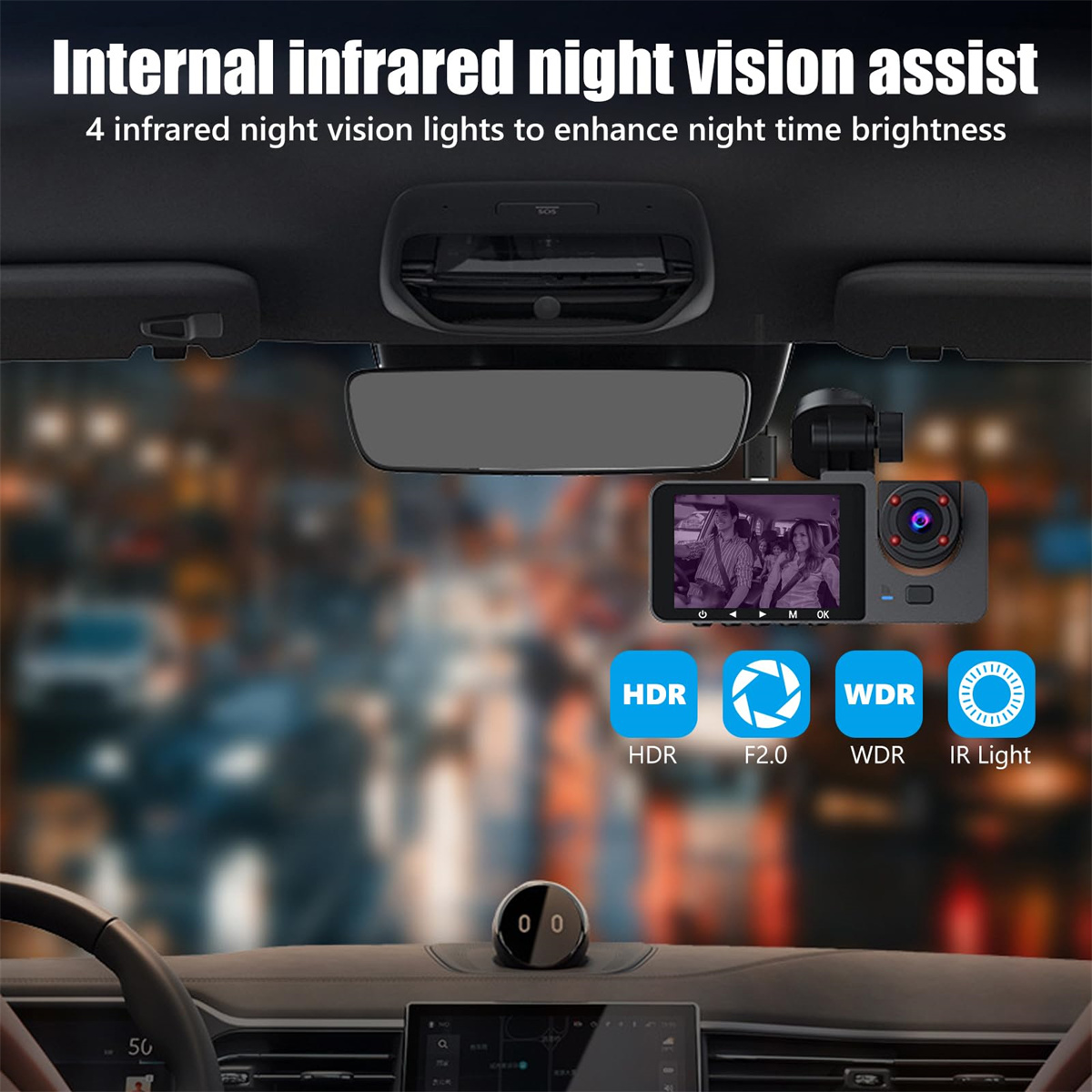 Armaturenbrettkamera mit Nachtsichtfunktion. Das Display zeigt den Innenraum des Autos, Symbole kennzeichnen HDR, F2.0, WDR und IR-Licht.