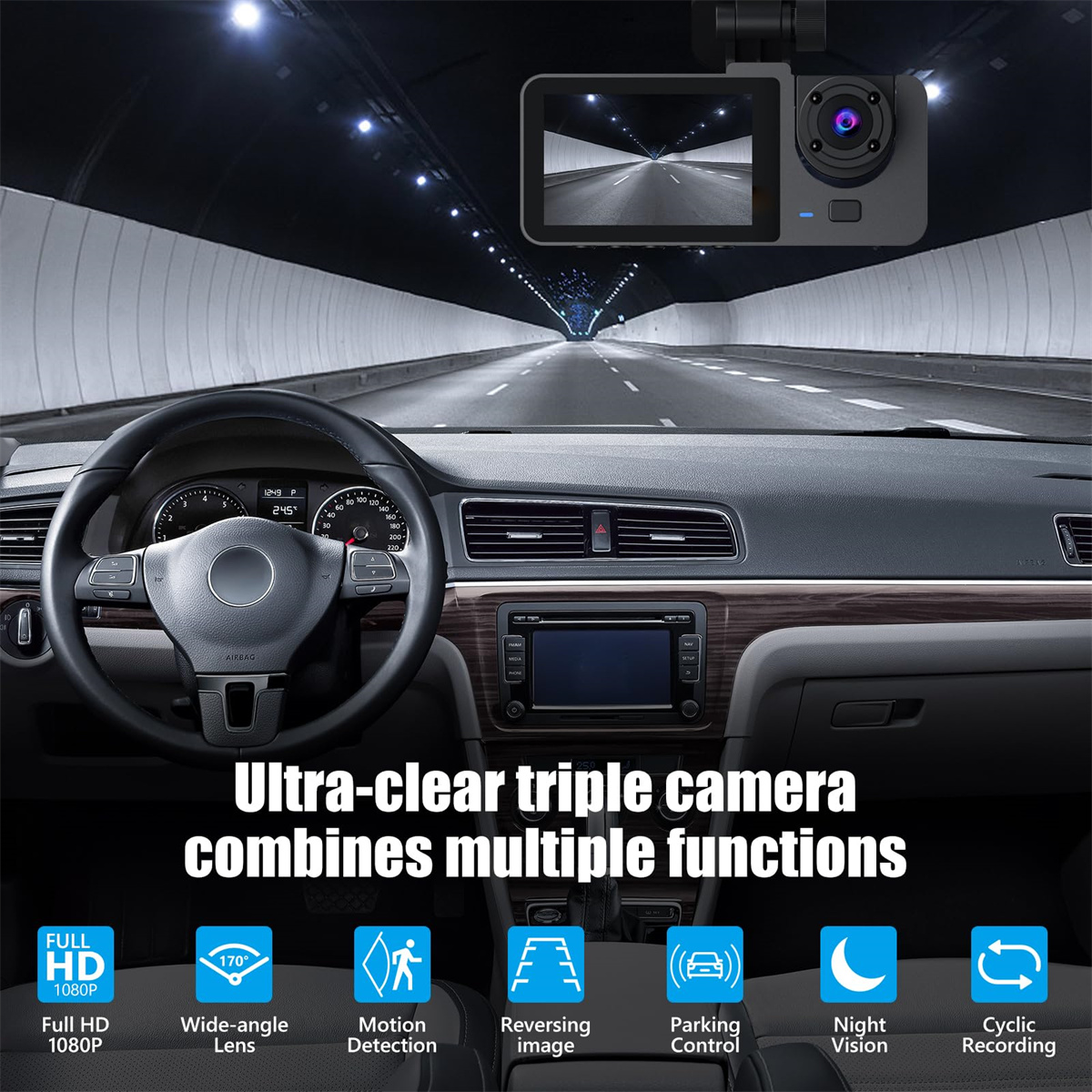 Der Innenraum eines Autos zeigt eine Dashcam mit Tunnelansicht. Armaturenbrett und Lenkrad sind sichtbar, darunter Funktionssymbole.