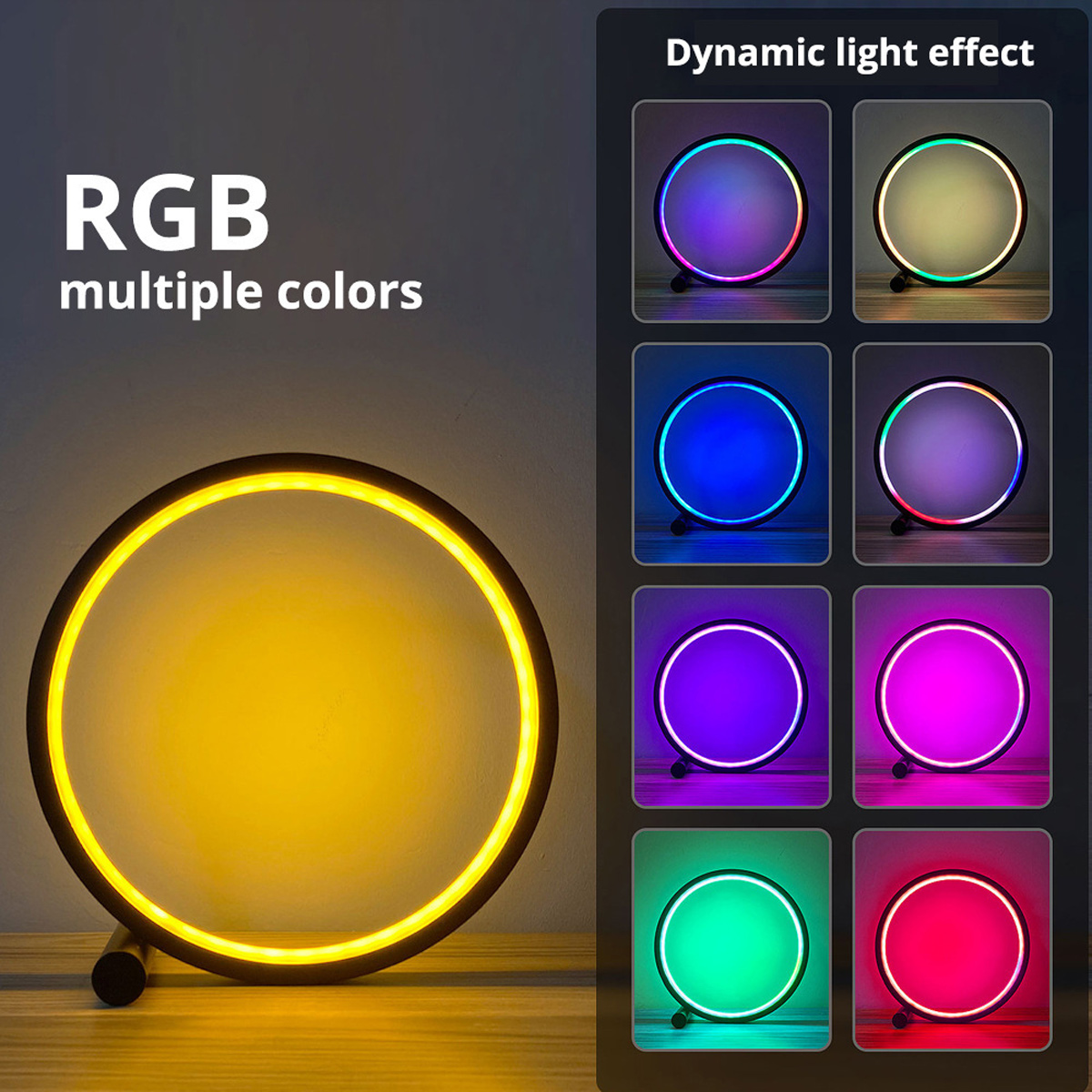 Eine runde RGB-Lampe mit mehreren Farboptionen wird angezeigt. Die Lampe ist schwarz mit gelbem Licht, und ein 'Dynamischer Lichteffekt' wird gezeigt.