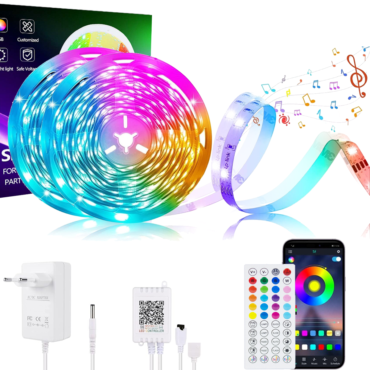 RGB-LED-Streifen, Zubehör und Fernbedienung. Noten und ein Telefon mit Farbrad-Oberfläche sind ebenfalls vorhanden.