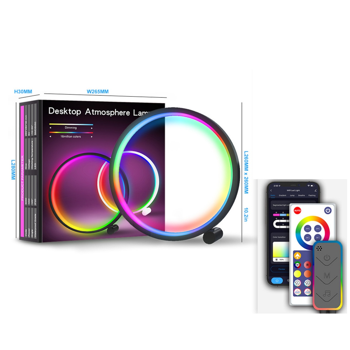 Eine Schreibtisch-Atmosphärenlampe mit farbigem Ringlicht, einer Box, einer Fernbedienung und einem Smartphone mit Lichtsteuerung.