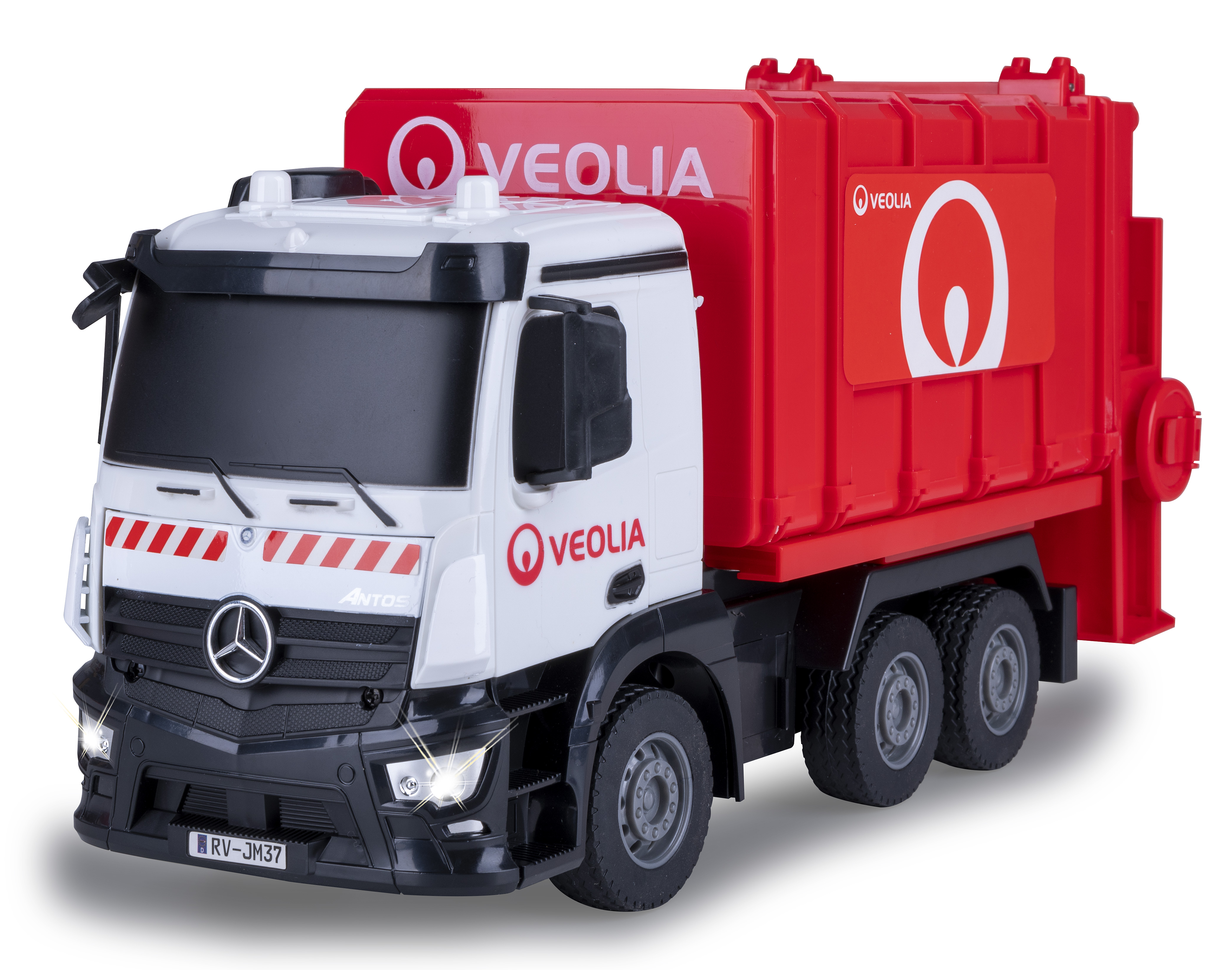 Ein Spielzeug-Veolia-Müllwagen, weißes Fahrerhaus, rotes Heck und schwarzes Fahrgestell. Mit Scheinwerfern und Mercedes-Benz-Logo.