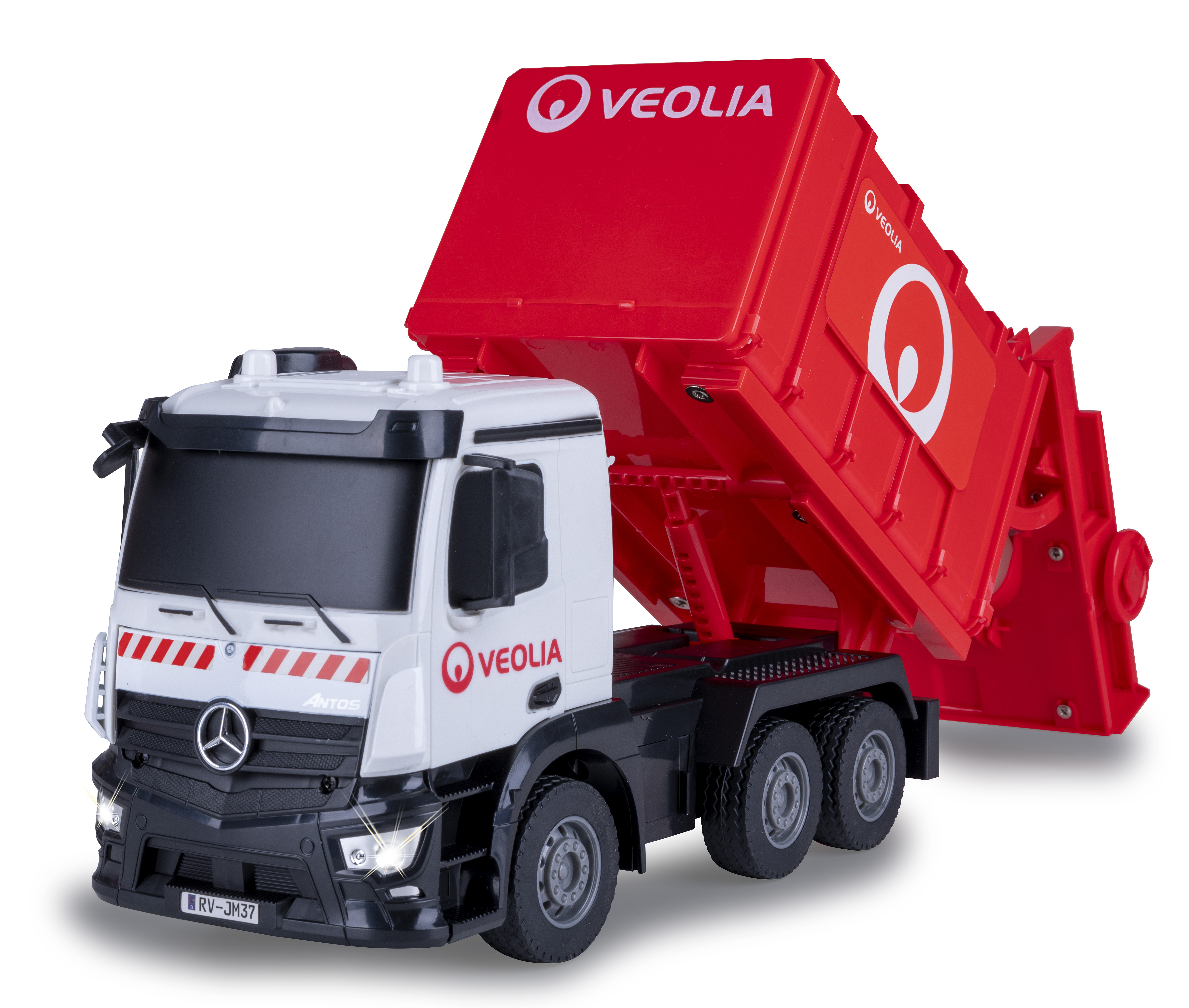 Ein rotes und weißes Veolia-Müllwagen-Spielzeug. Die Ladefläche des Lkw ist angehoben. Das Veolia-Logo ist sichtbar.