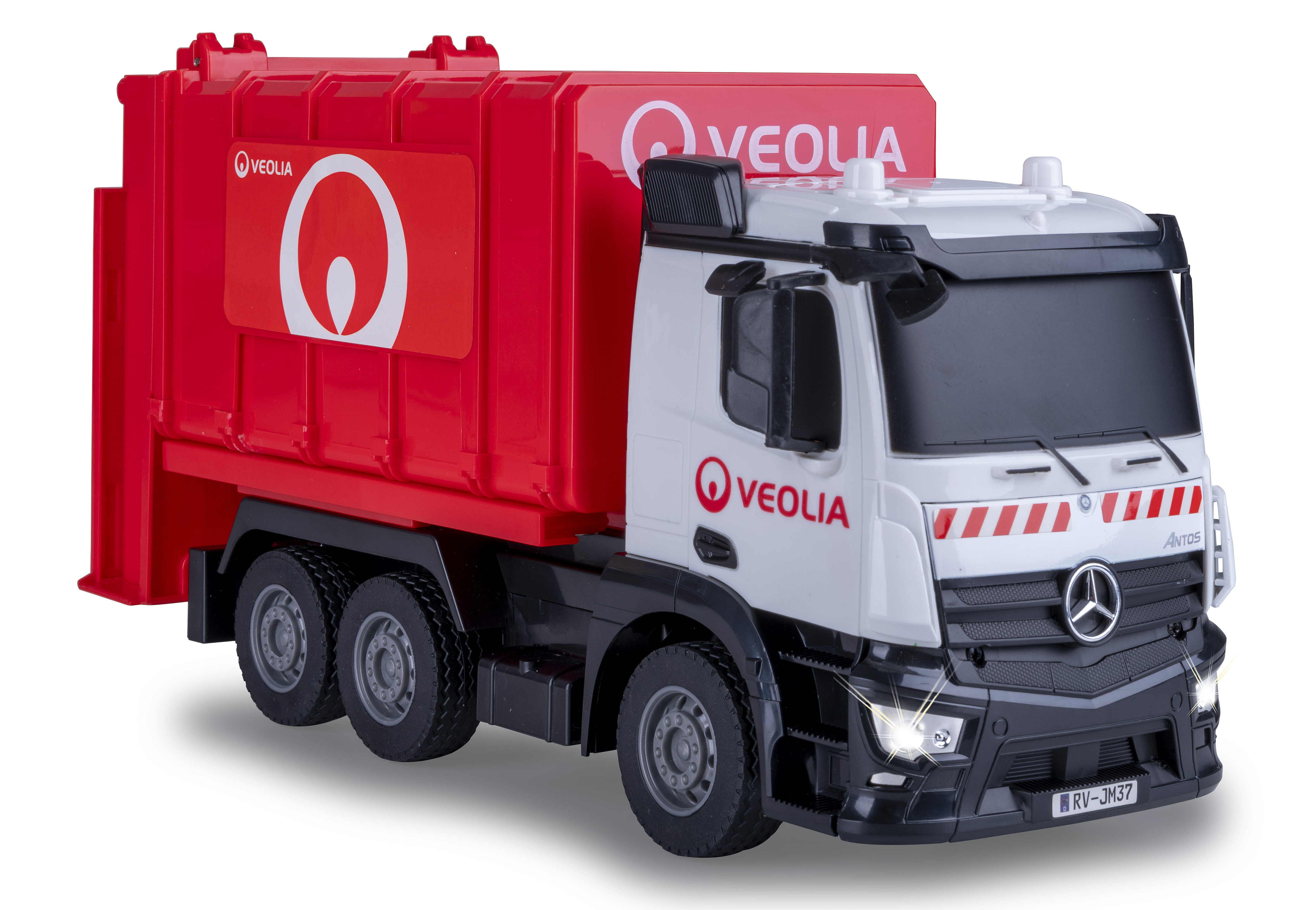 Ein Spielzeug-Veolia-Müllwagen. Er hat einen roten Container, ein weißes Fahrerhaus mit Mercedes-Logo und schwarze Reifen.