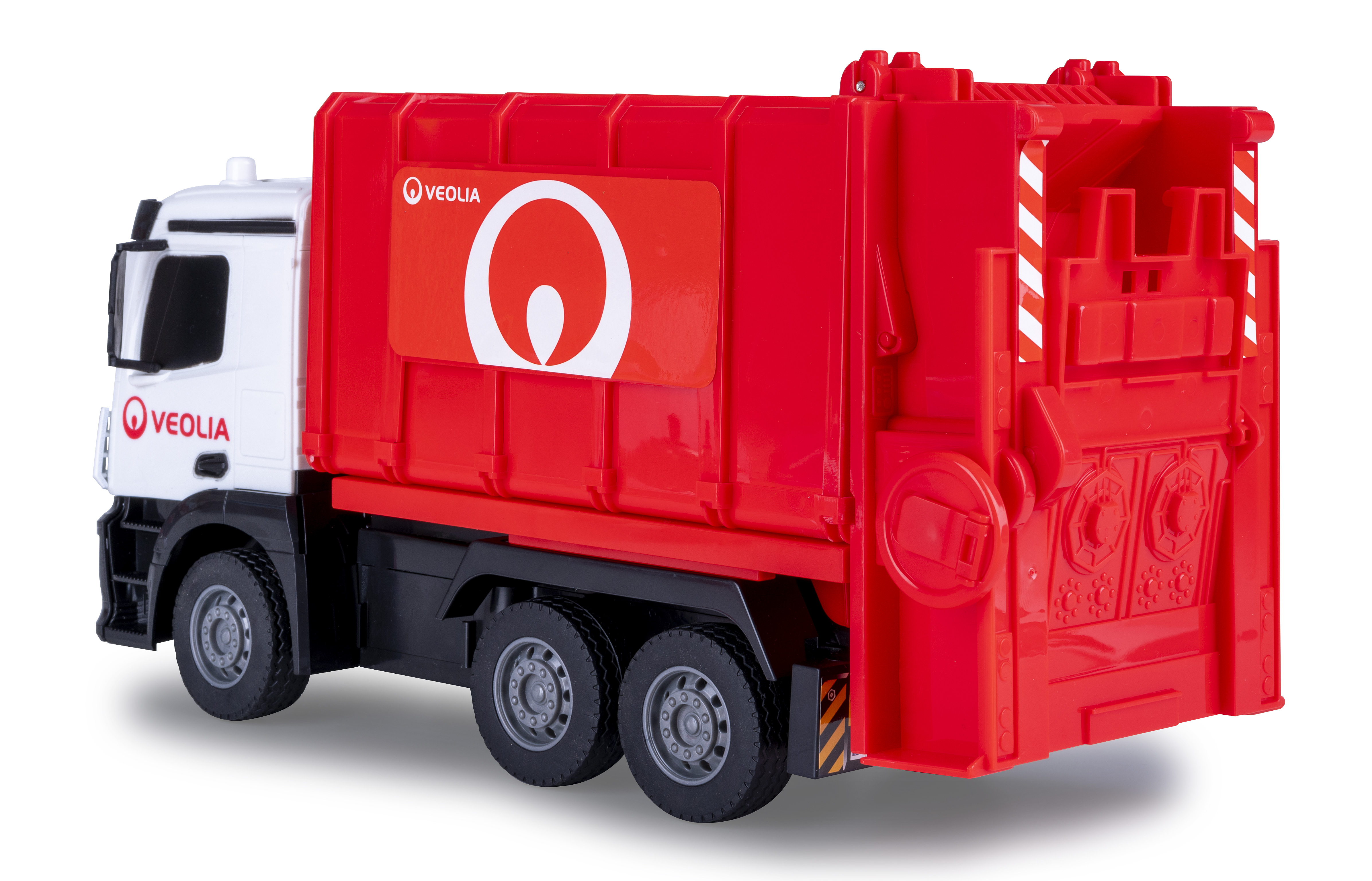 Ein roter und weißer Veolia-Müllwagen. Er hat schwarze Reifen und steht vor einem weißen Hintergrund.