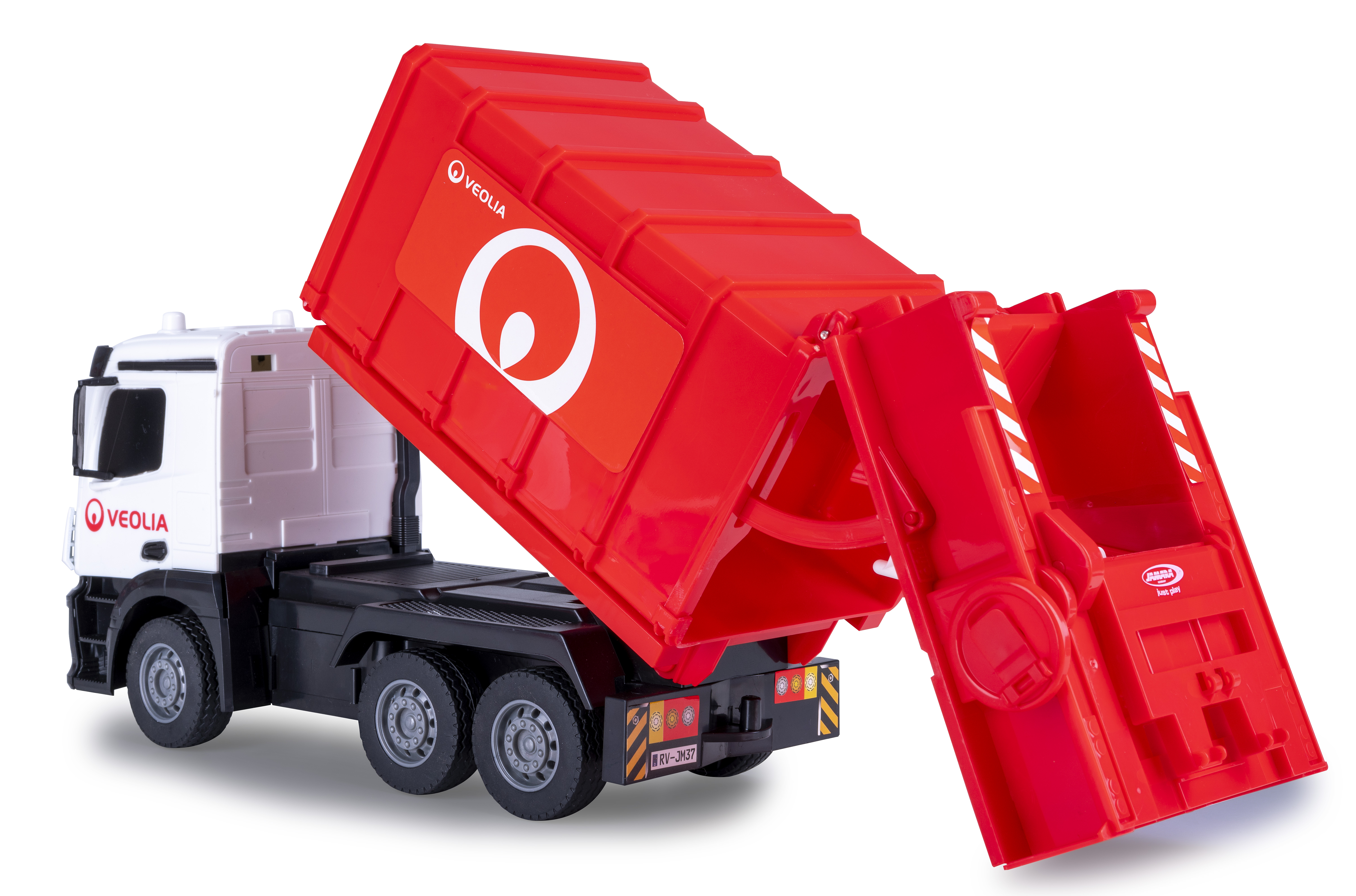Ein Spielzeug-Veolia-Müllwagen. Der rote Behälter ist angehoben und zeigt weiße Streifen. Der LKW ist schwarz, weiß und rot.