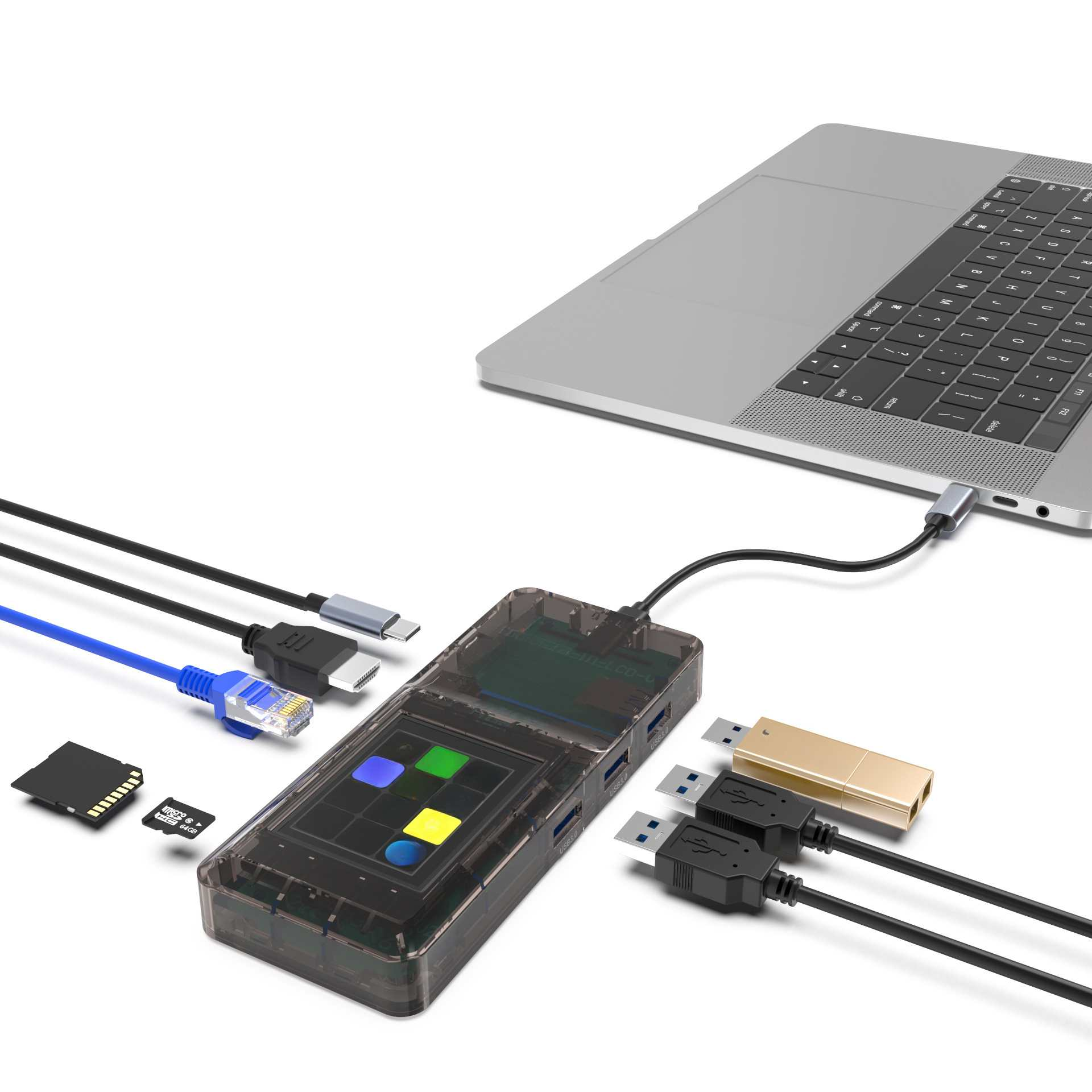 Ein Laptop, der mit einem USB-Hub mit Kabeln, einem USB-Stick und einer Speicherkarte verbunden ist. Der Hub hat farbige Quadrate.