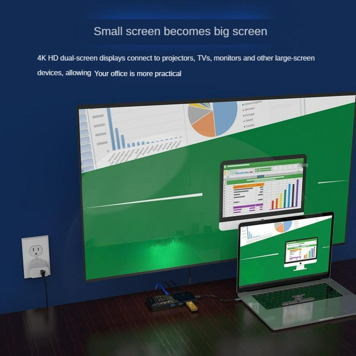 Laptop, Monitor und Fernseher zeigen verbundene Geräte mit Diagrammen auf dem Bildschirm und eine Steckdose an einer dunkelblauen Wand.