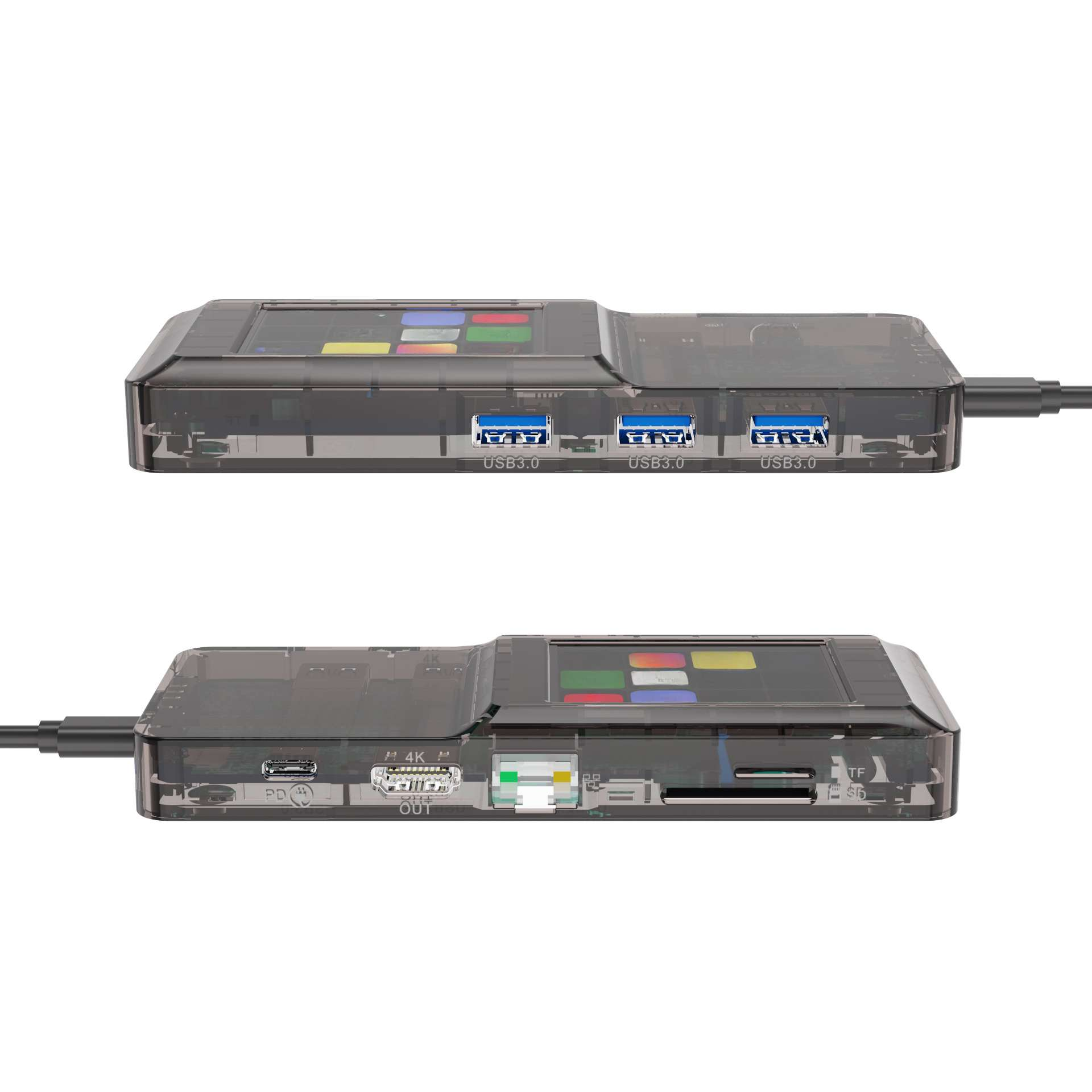 Ein transparenter USB-Hub mit mehreren Anschlüssen, darunter USB 3.0 und HDMI, mit einem mehrfarbigen Panel oben. Ein Kabel geht davon aus.