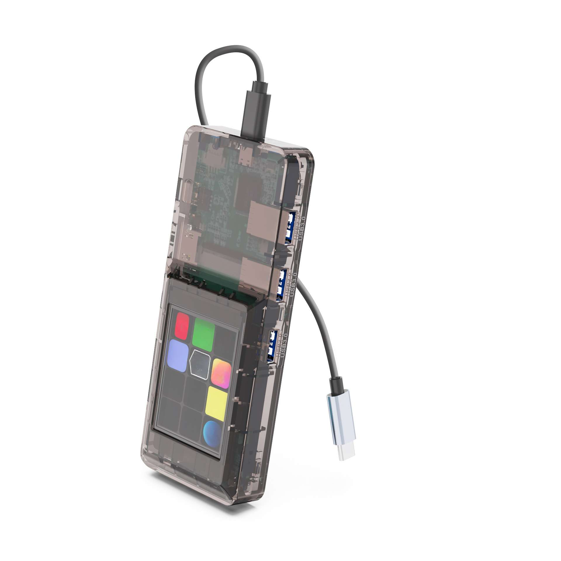 Ein transparentes Gerät mit einem Bildschirm, der bunte Quadrate anzeigt, verbunden durch ein Kabel, vor weißem Hintergrund.